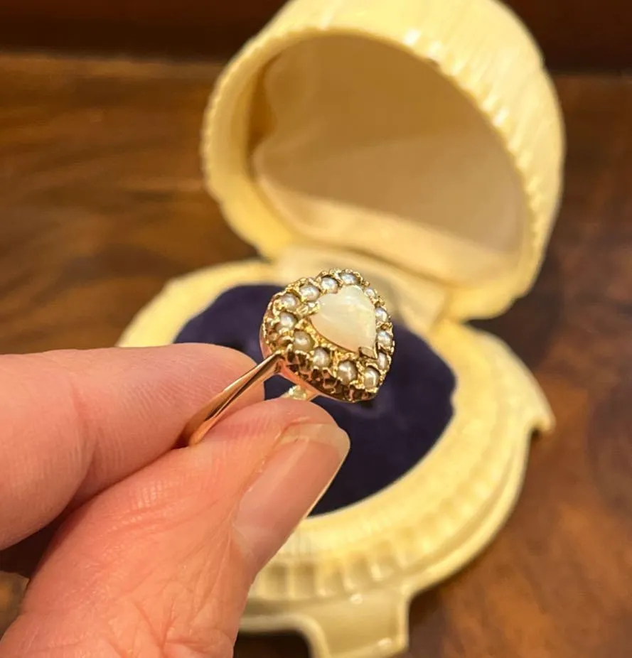 1930s Solid Opal and Pearl Heart Ring
