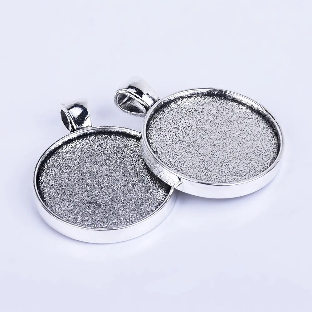 25mm Round Glass Setting Double Sided Pendant Blank Cameo Settings diy Necklace or Key Ring antique silver 10pcs