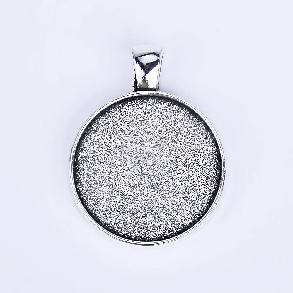 25mm Round Glass Setting Double Sided Pendant Blank Cameo Settings diy Necklace or Key Ring antique silver 10pcs