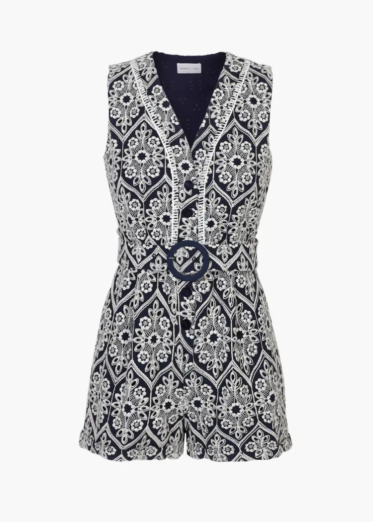 Adelyn Rae Katrina Embroidered Romper- Navy Cream