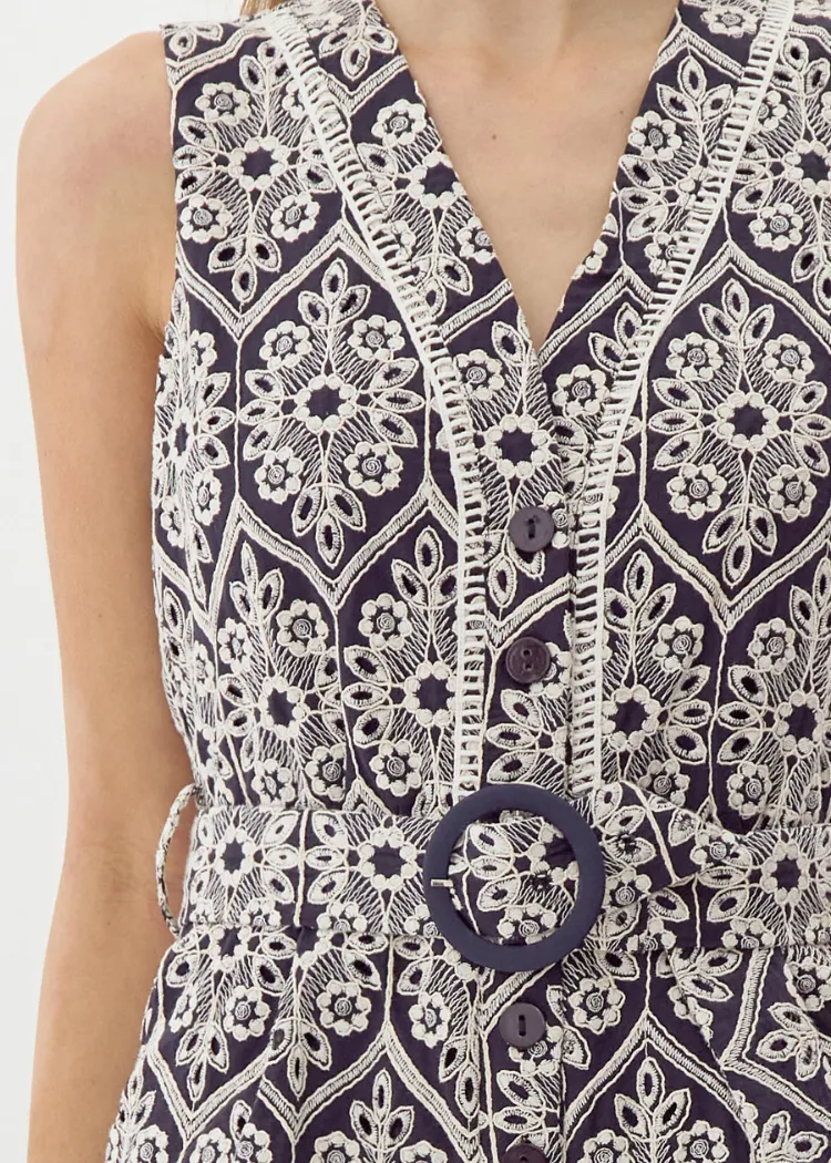 Adelyn Rae Katrina Embroidered Romper- Navy Cream