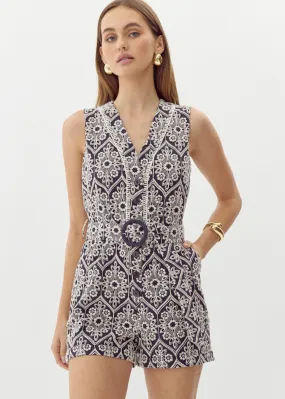 Adelyn Rae Katrina Embroidered Romper- Navy Cream