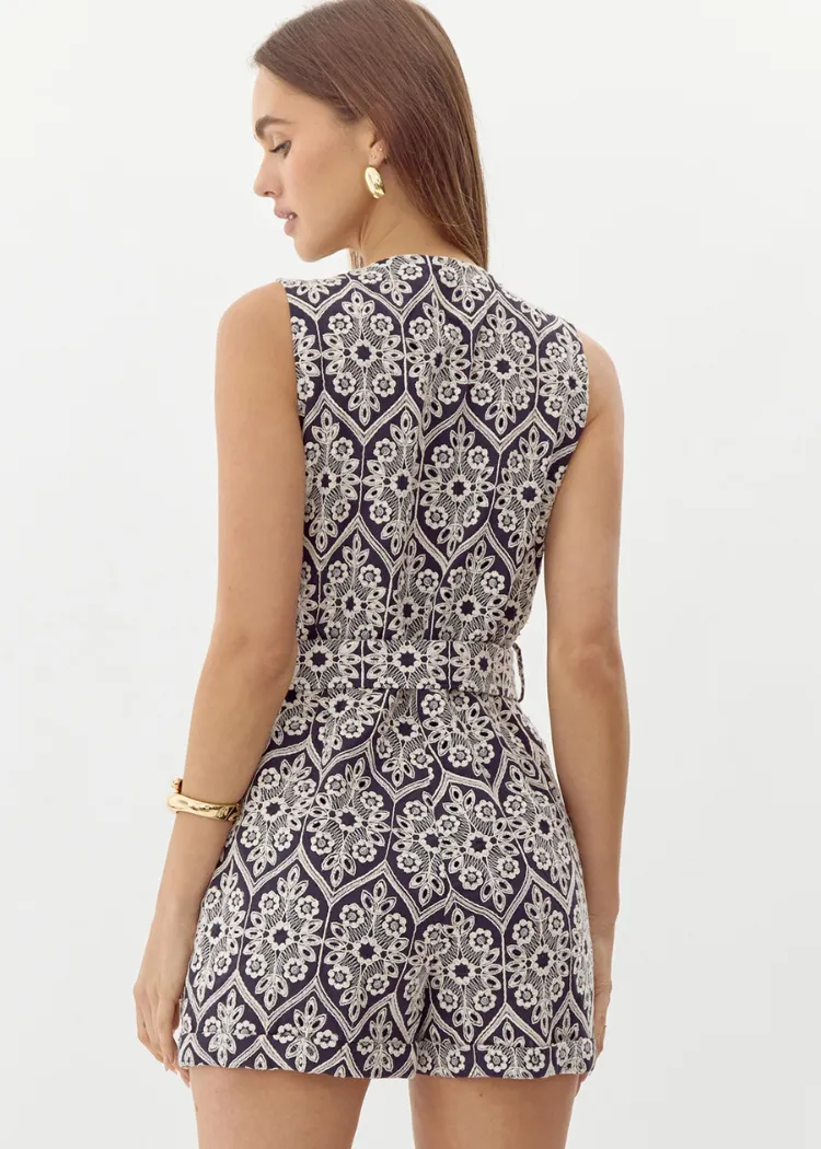 Adelyn Rae Katrina Embroidered Romper- Navy Cream
