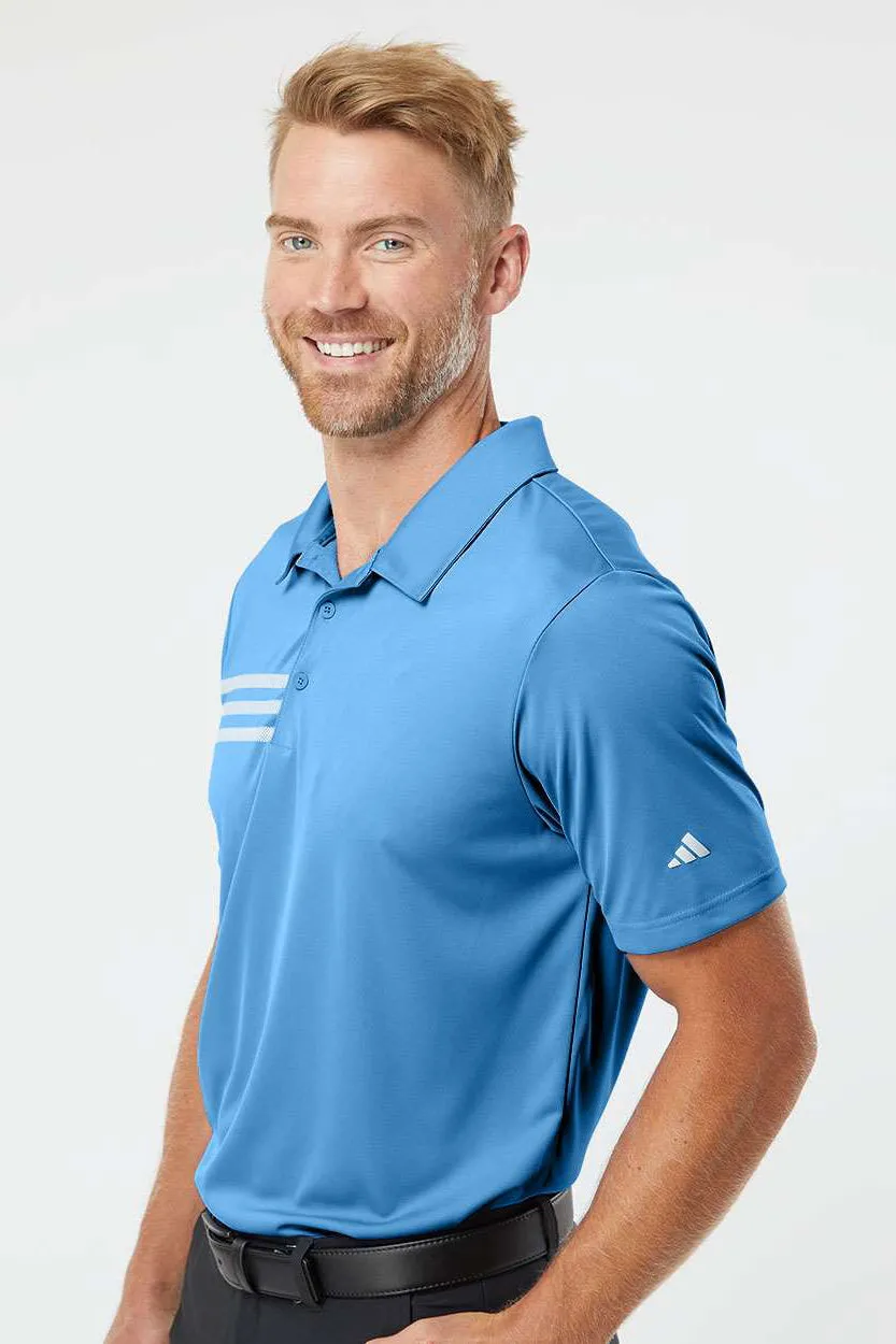 Adidas Mens 3 Stripes UPF 50  Short Sleeve Polo Shirt - Lucky Blue/White - NEW