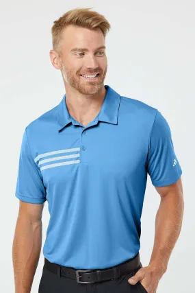 Adidas Mens 3 Stripes UPF 50  Short Sleeve Polo Shirt - Lucky Blue/White - NEW