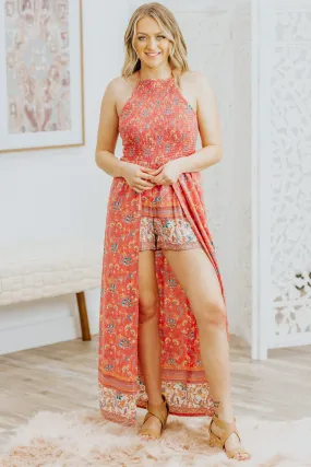 Always Shine Bright Halter Top Maxi Romper in Coral
