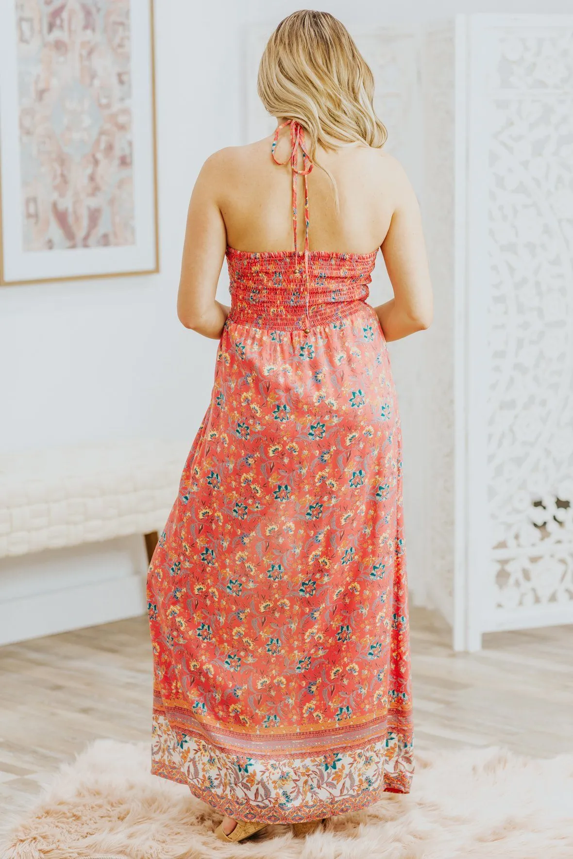 Always Shine Bright Halter Top Maxi Romper in Coral