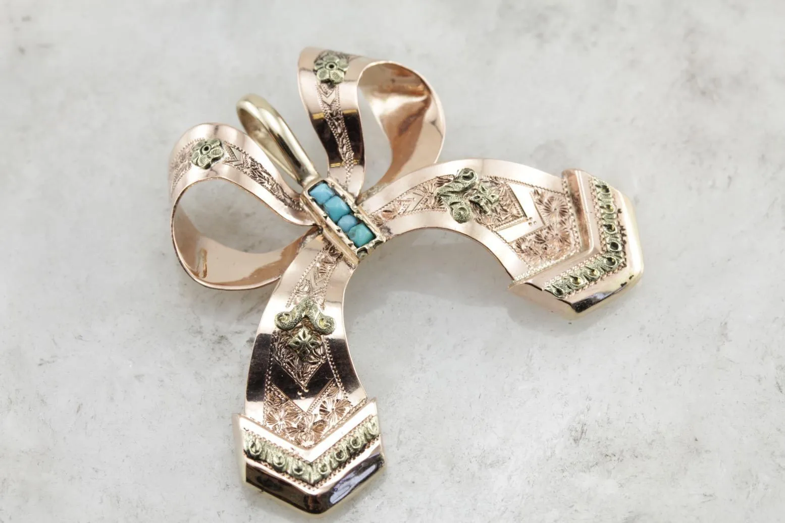 Antique Edwardian / Victorian Bridal Jewelry: Beautiful Turquoise and Rose Gold Vintage Ribbon Pendant