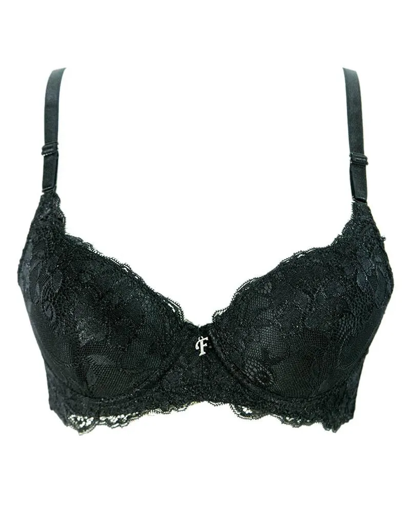 Black Net Embroidered Flourish Bra - Single Padded Underwired Bra - FL3264