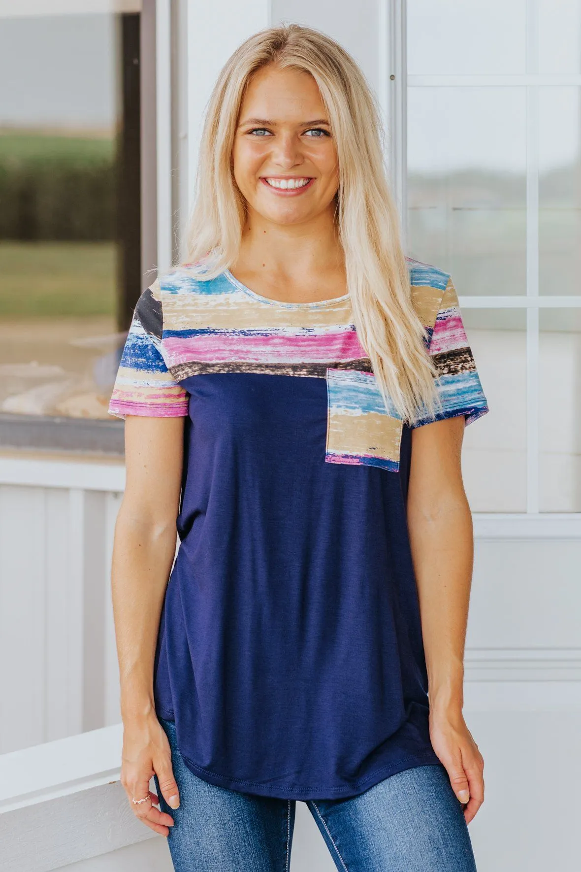 Brush Strokes Watercolor Detailed Navy Tee