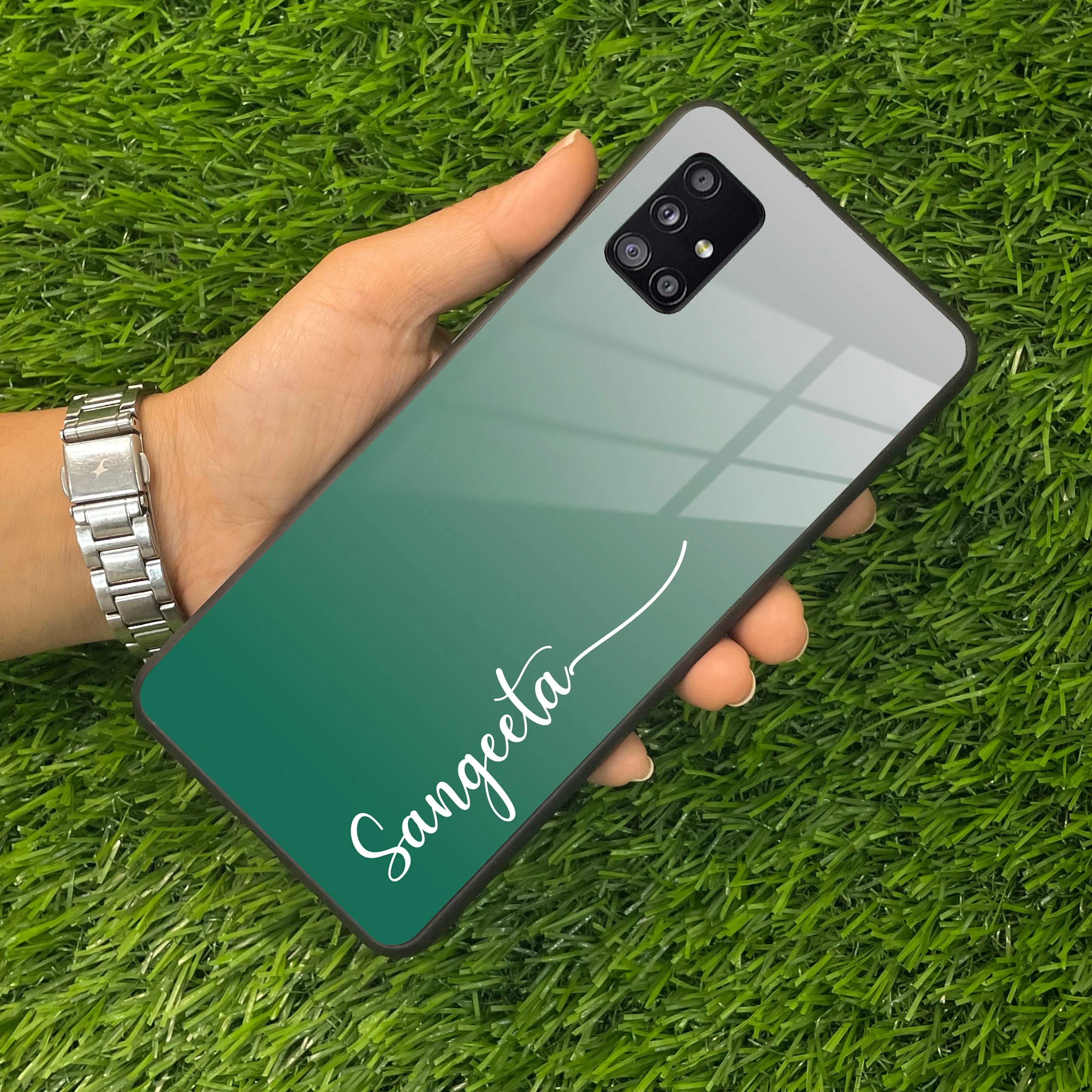 Customize Name Gradient Glass Case Cover Green For Samsung