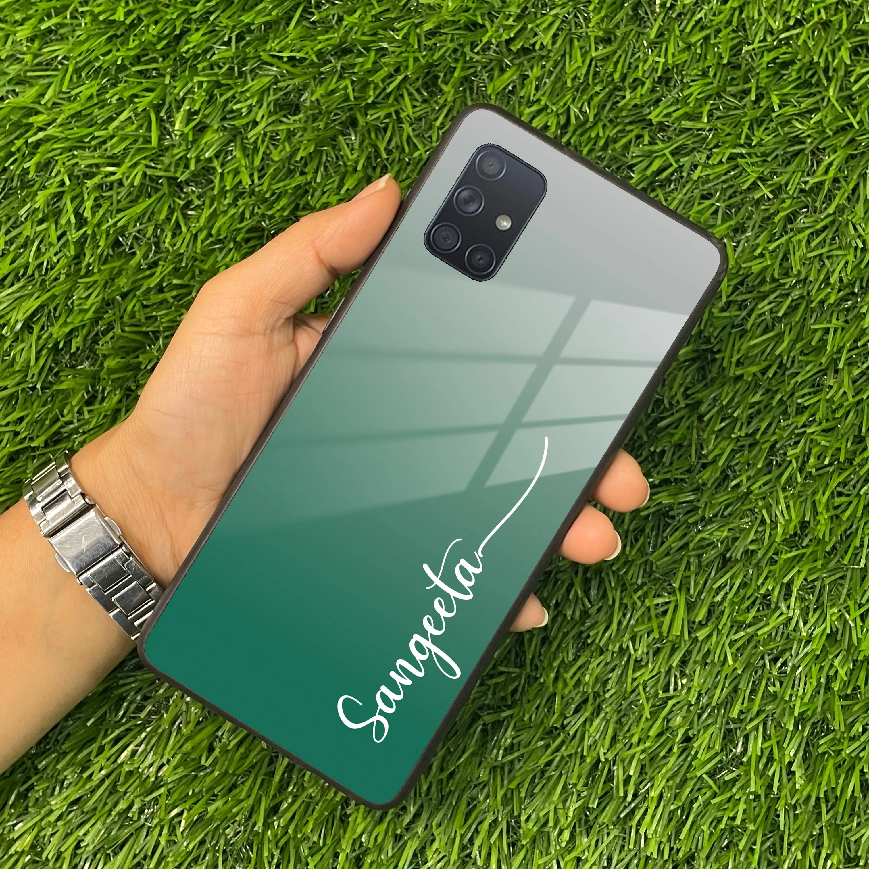 Customize Name Gradient Glass Case Cover Green For Samsung