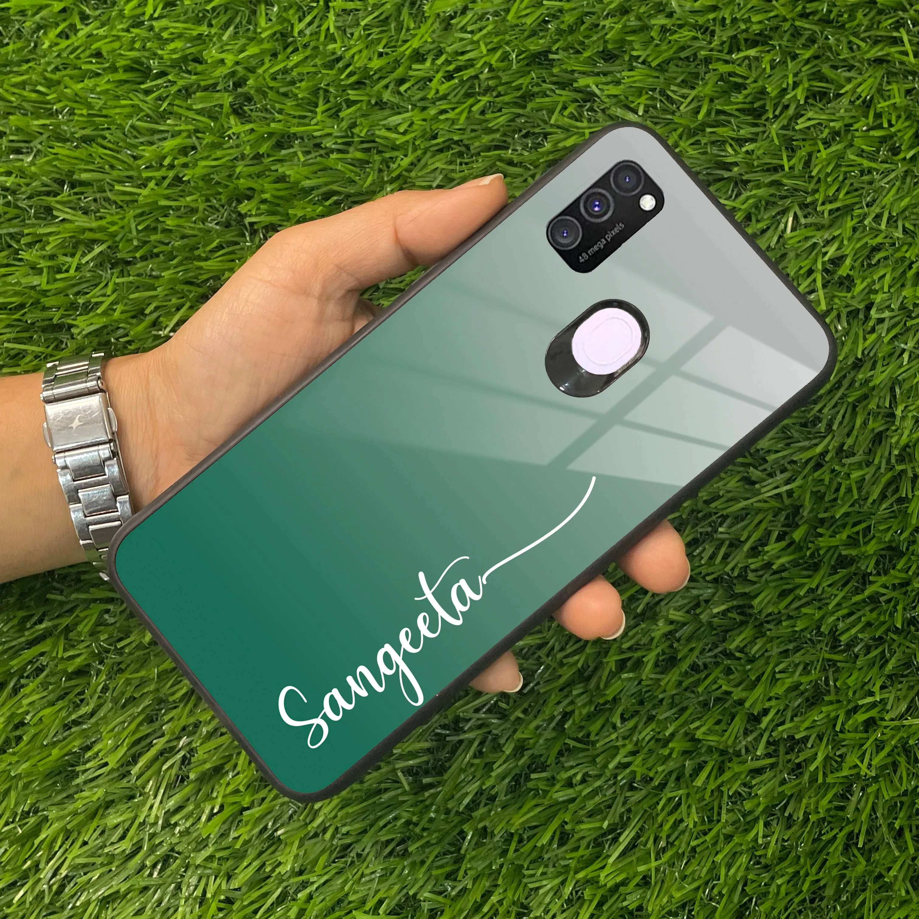 Customize Name Gradient Glass Case Cover Green For Samsung