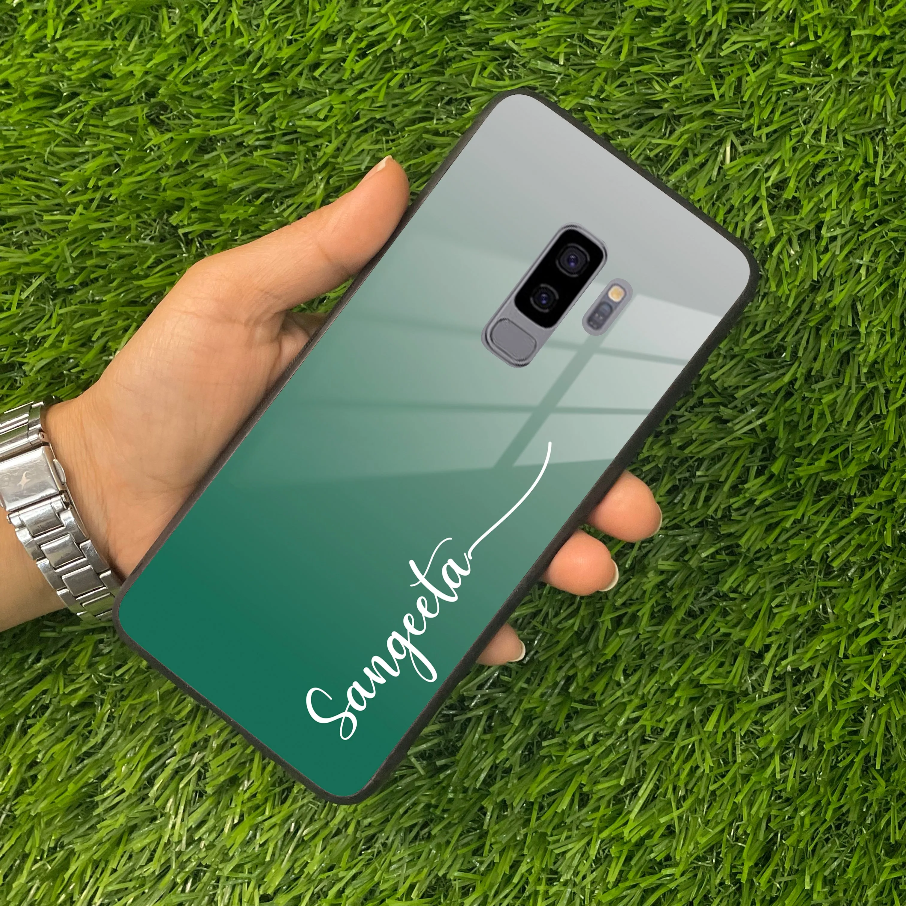 Customize Name Gradient Glass Case Cover Green For Samsung