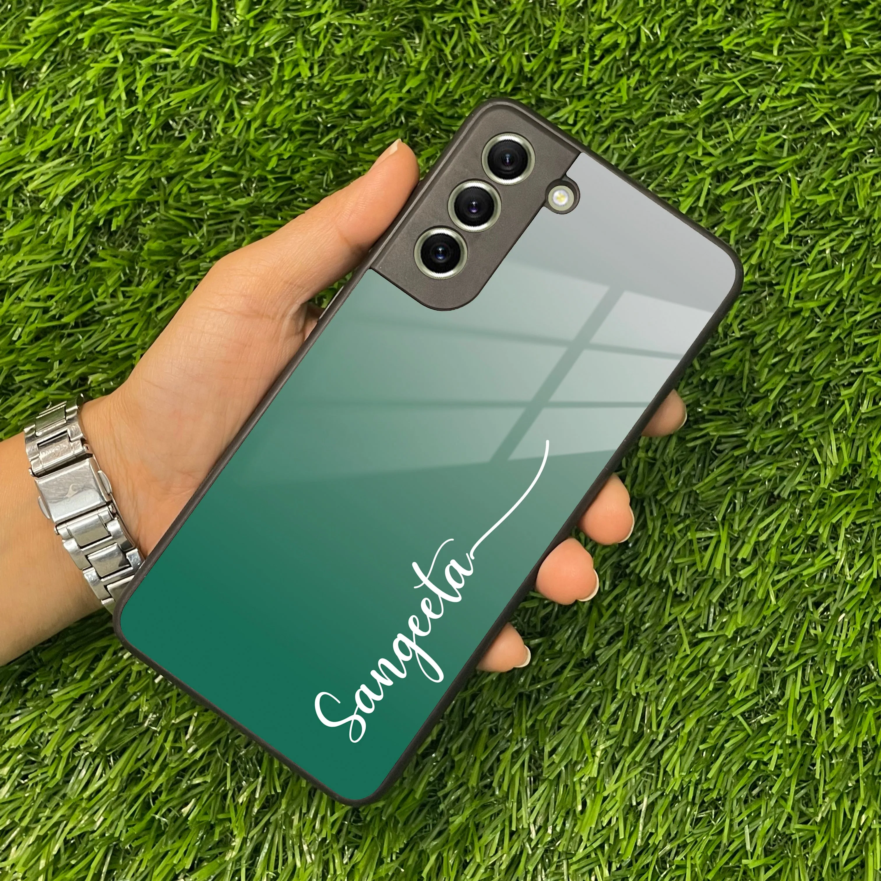 Customize Name Gradient Glass Case Cover Green For Samsung