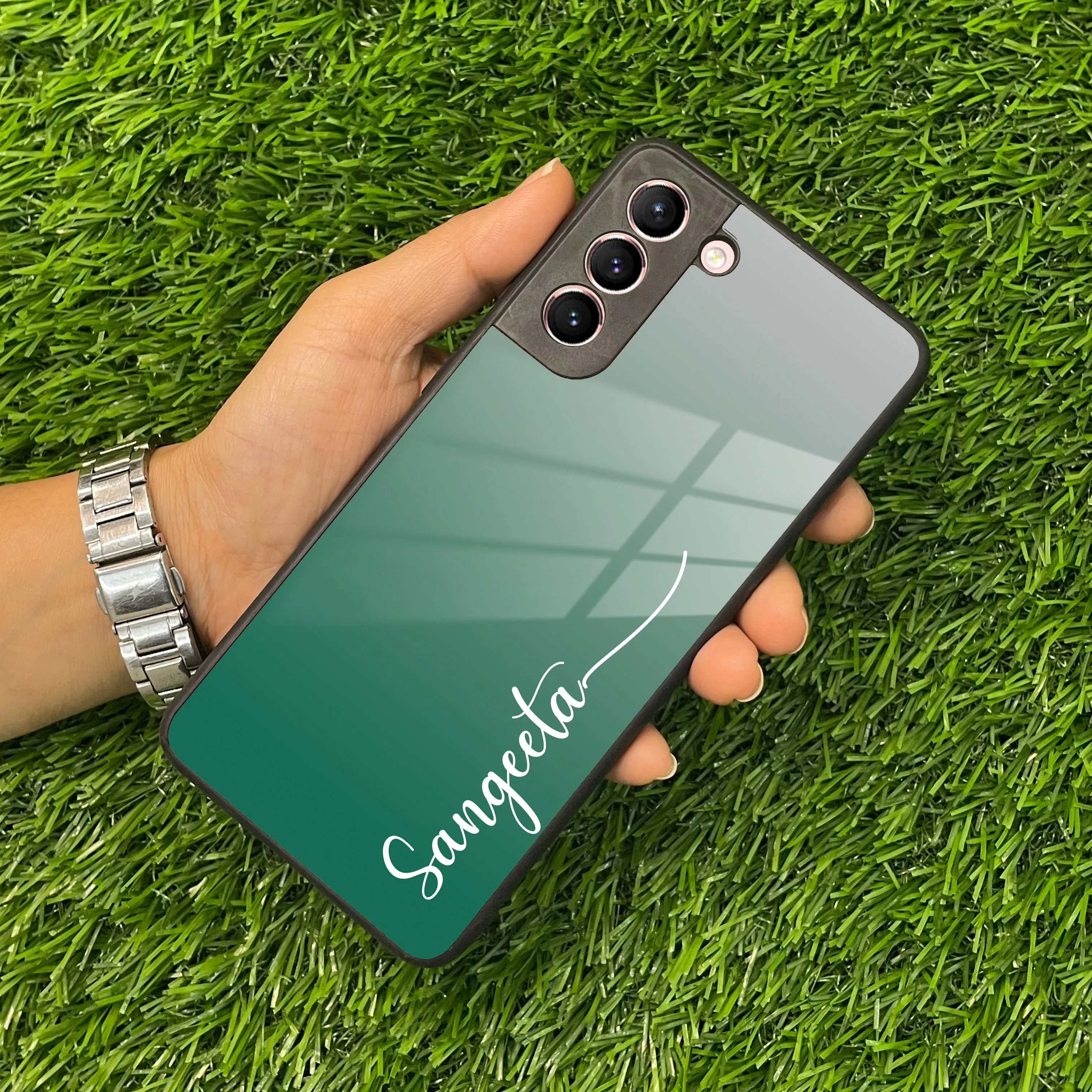 Customize Name Gradient Glass Case Cover Green For Samsung