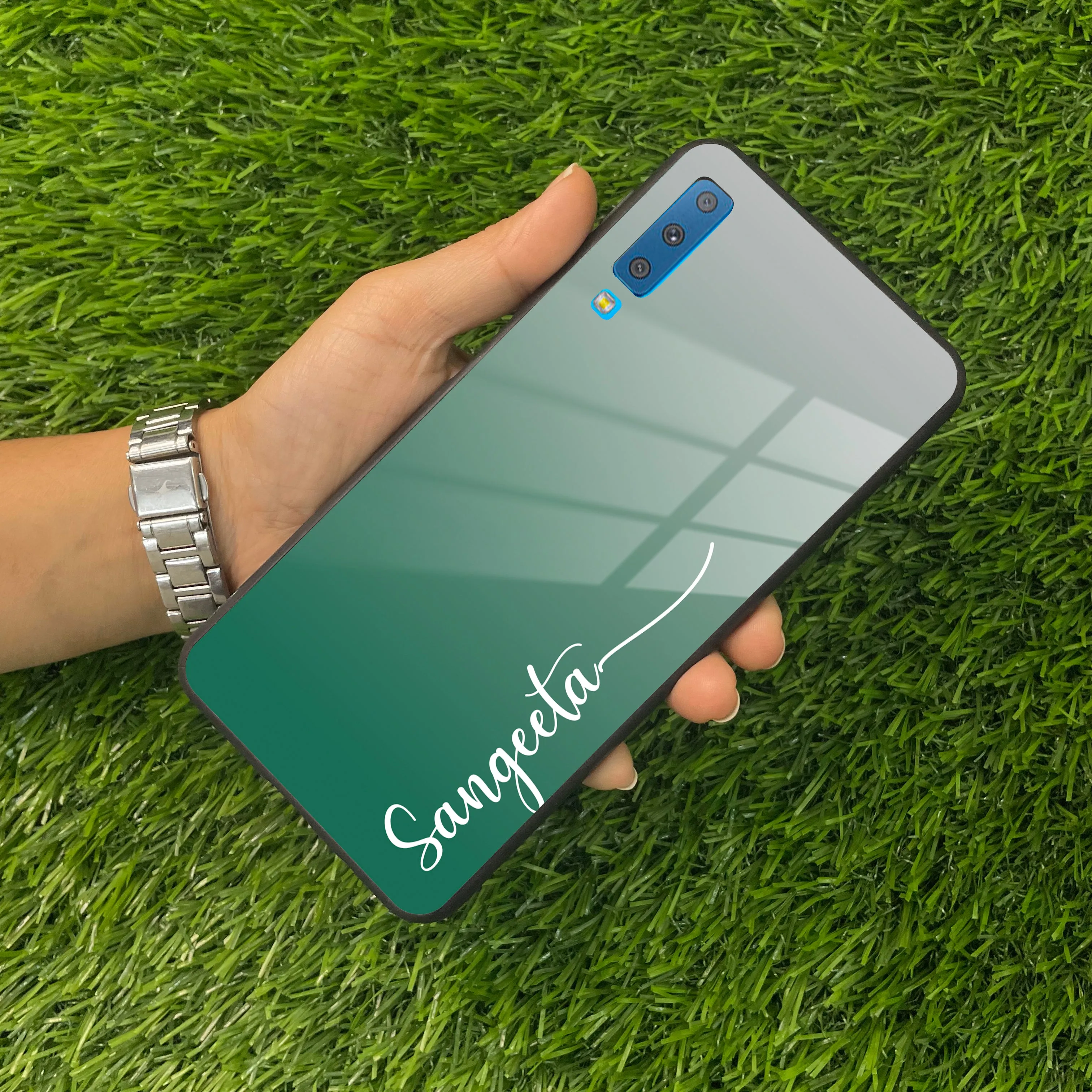 Customize Name Gradient Glass Case Cover Green For Samsung