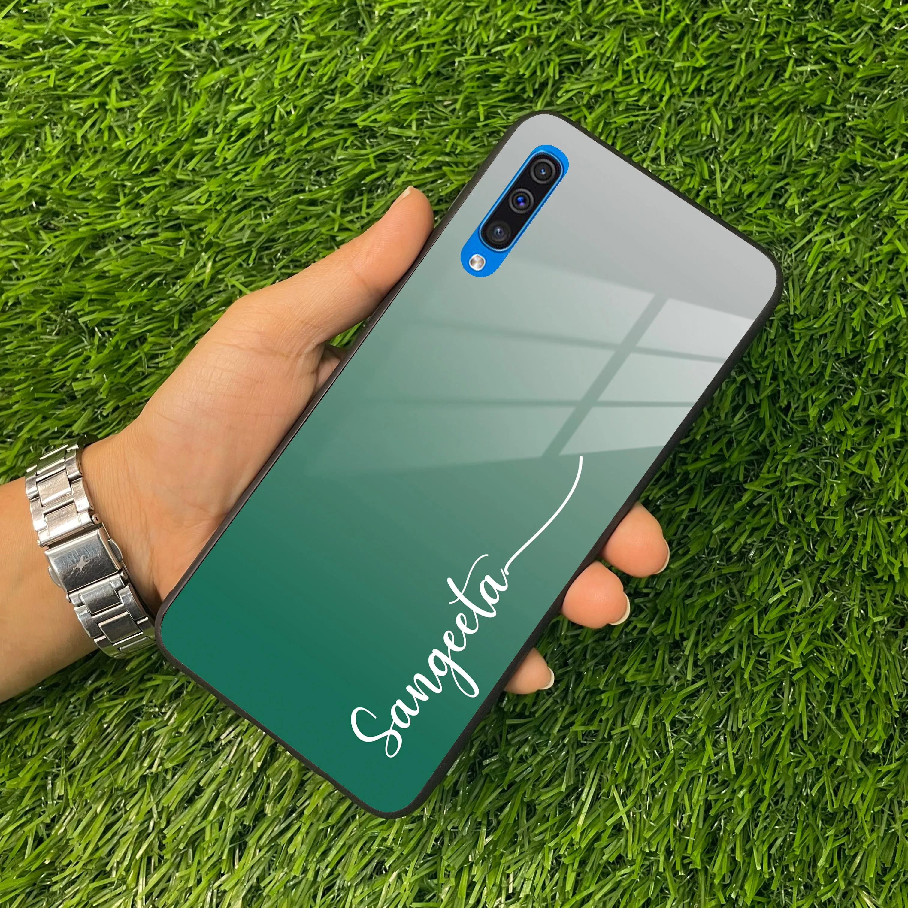 Customize Name Gradient Glass Case Cover Green For Samsung