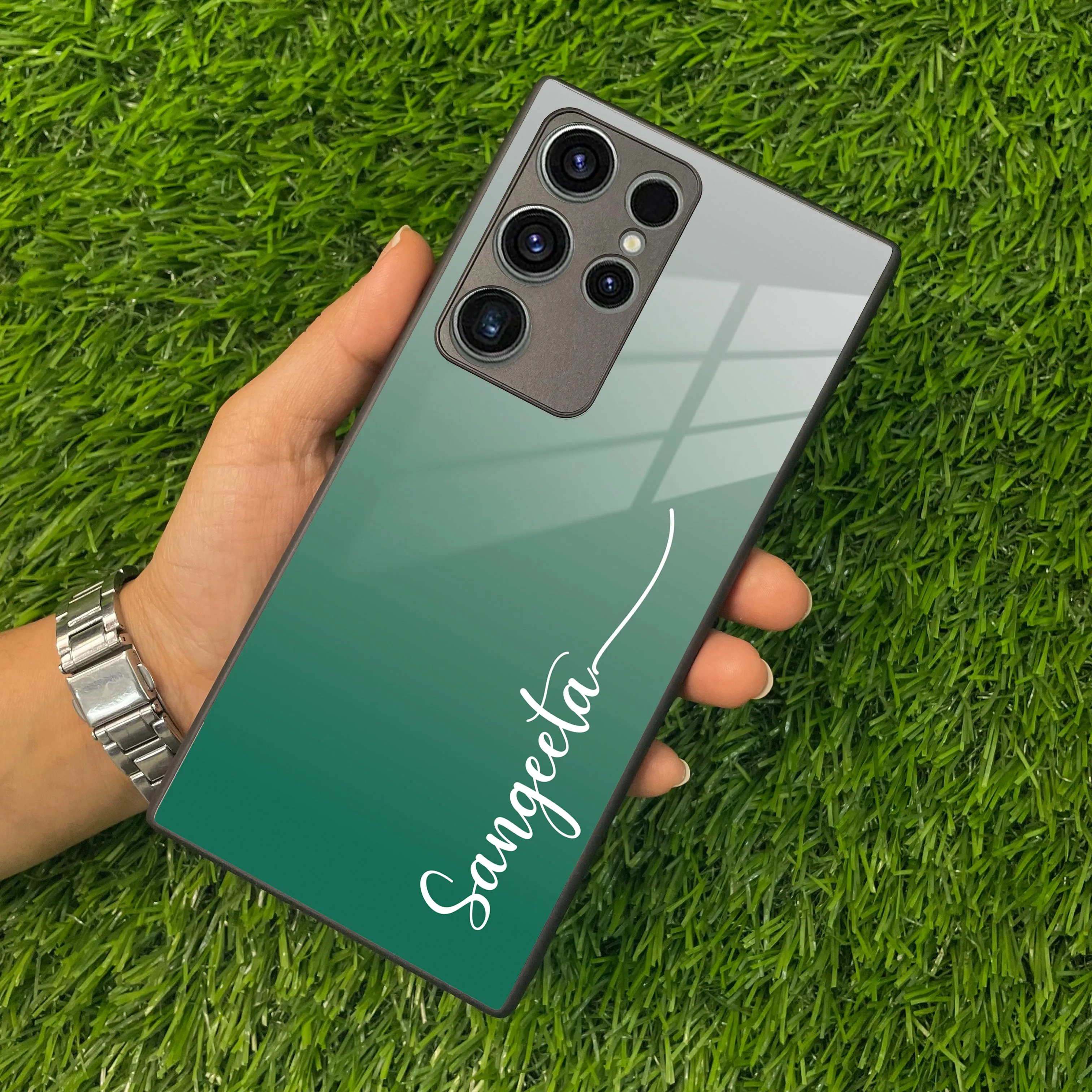 Customize Name Gradient Glass Case Cover Green For Samsung