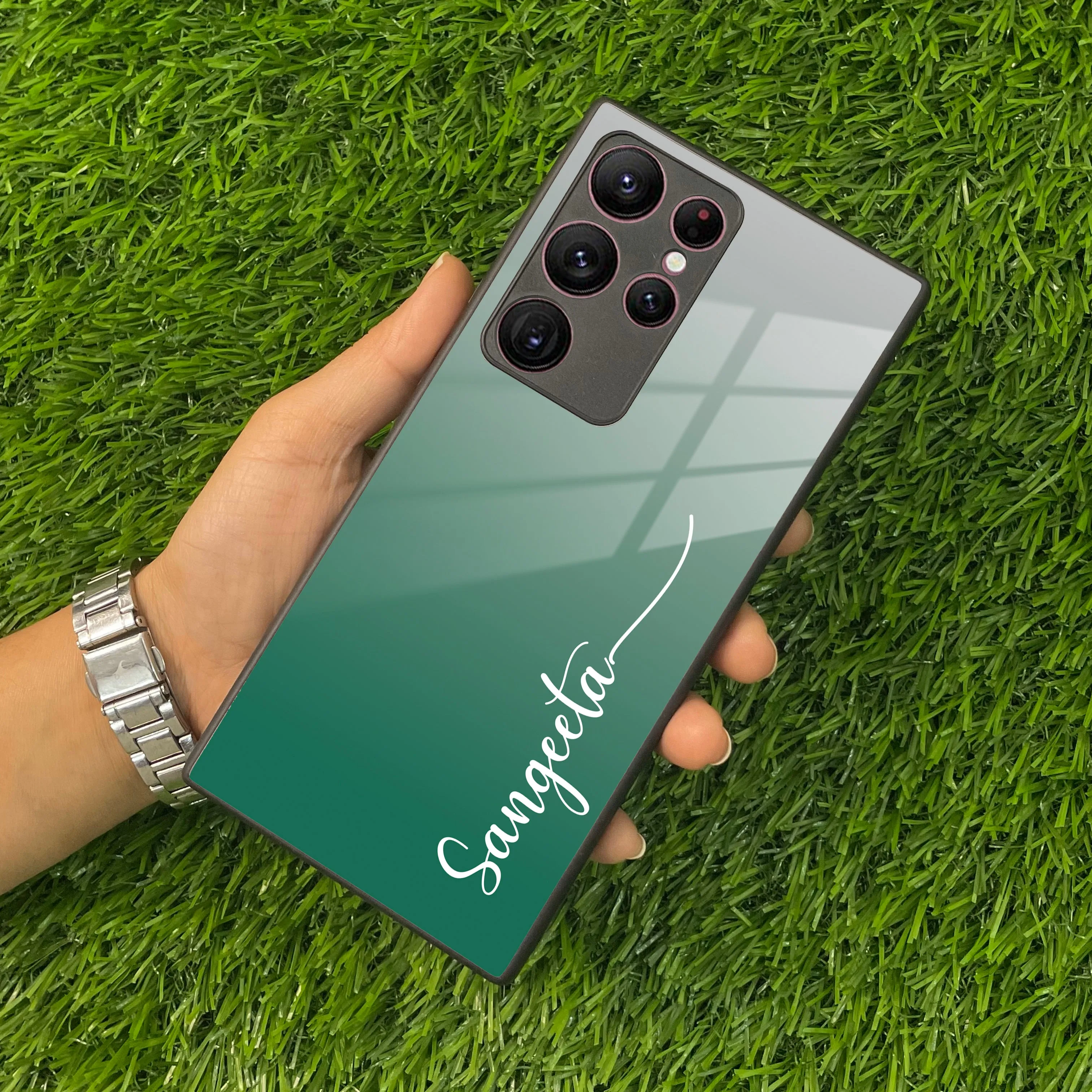 Customize Name Gradient Glass Case Cover Green For Samsung