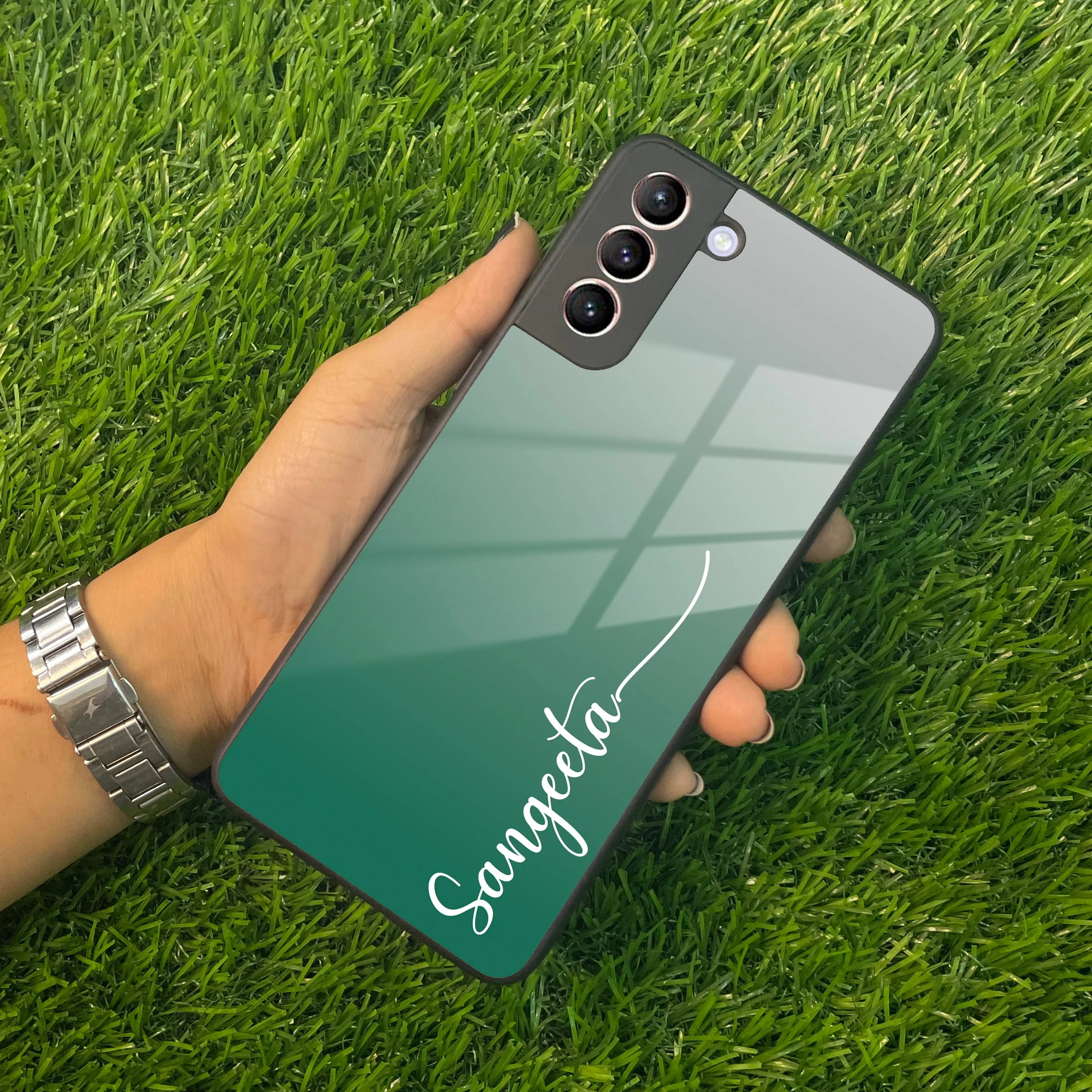 Customize Name Gradient Glass Case Cover Green For Samsung