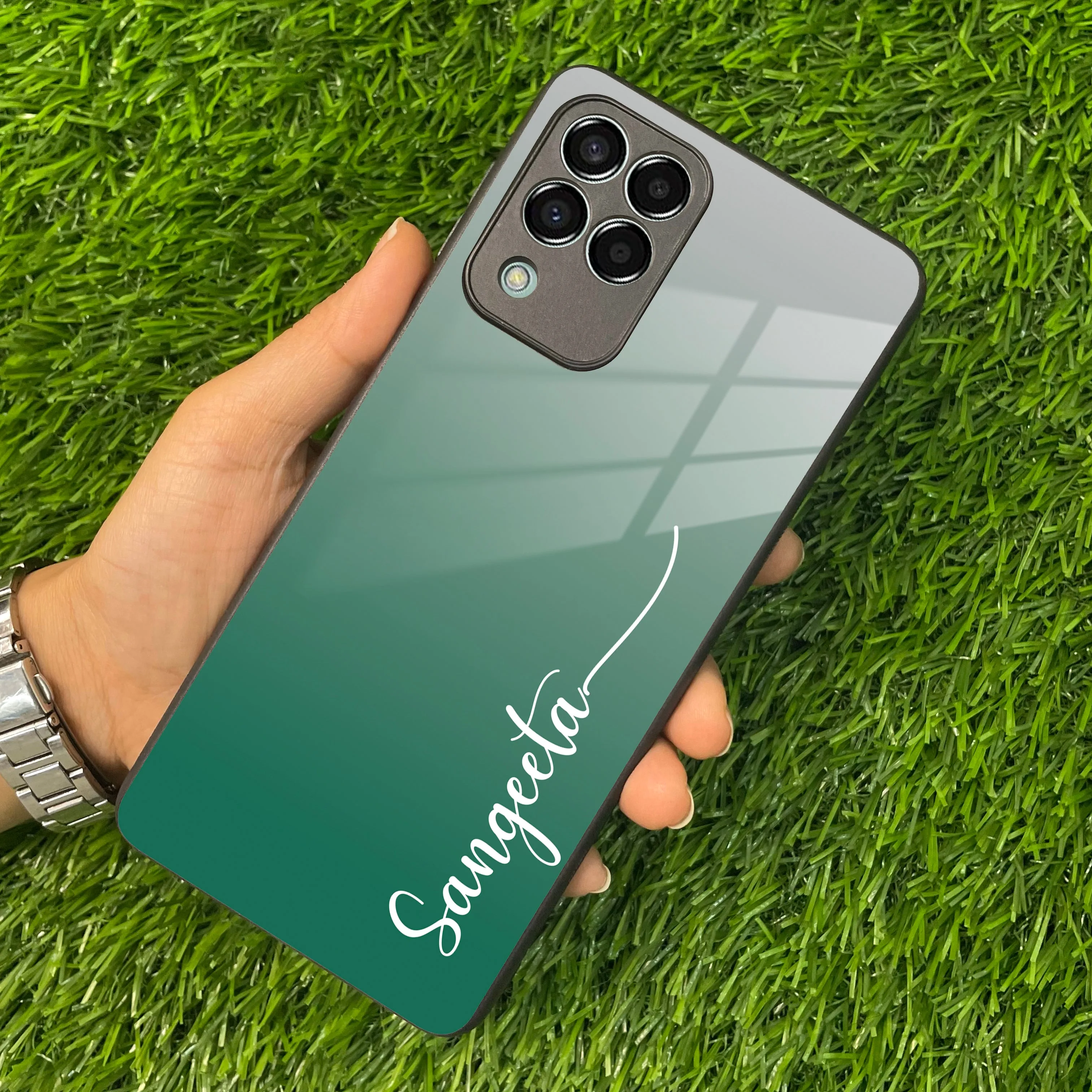 Customize Name Gradient Glass Case Cover Green For Samsung