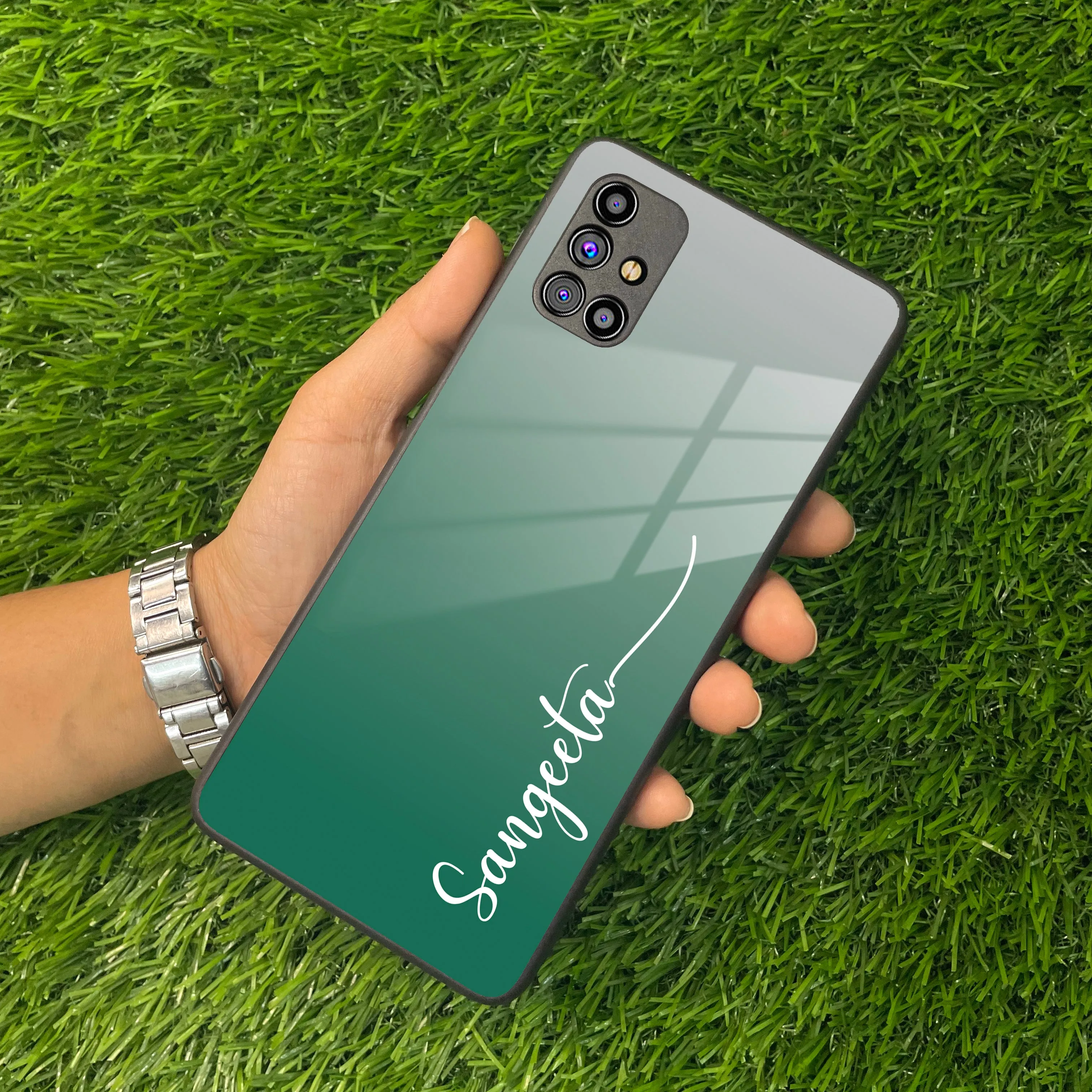 Customize Name Gradient Glass Case Cover Green For Samsung