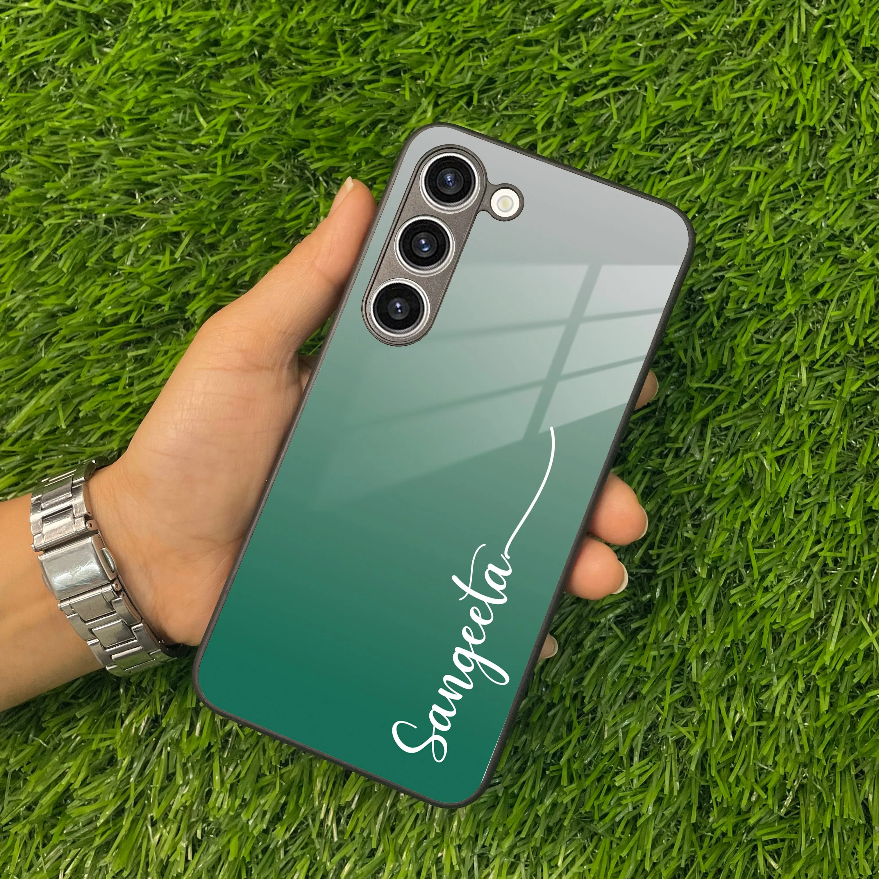 Customize Name Gradient Glass Case Cover Green For Samsung