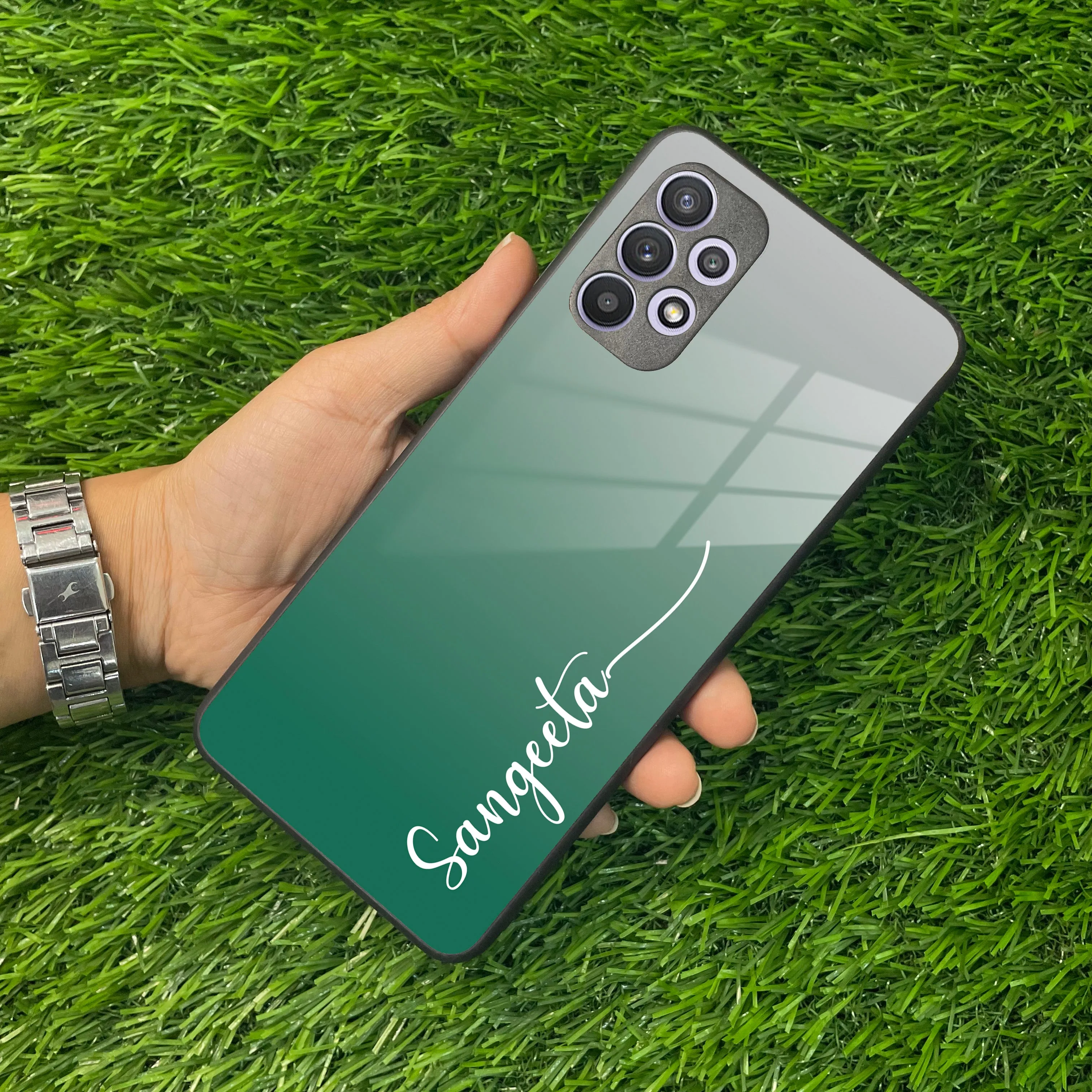 Customize Name Gradient Glass Case Cover Green For Samsung