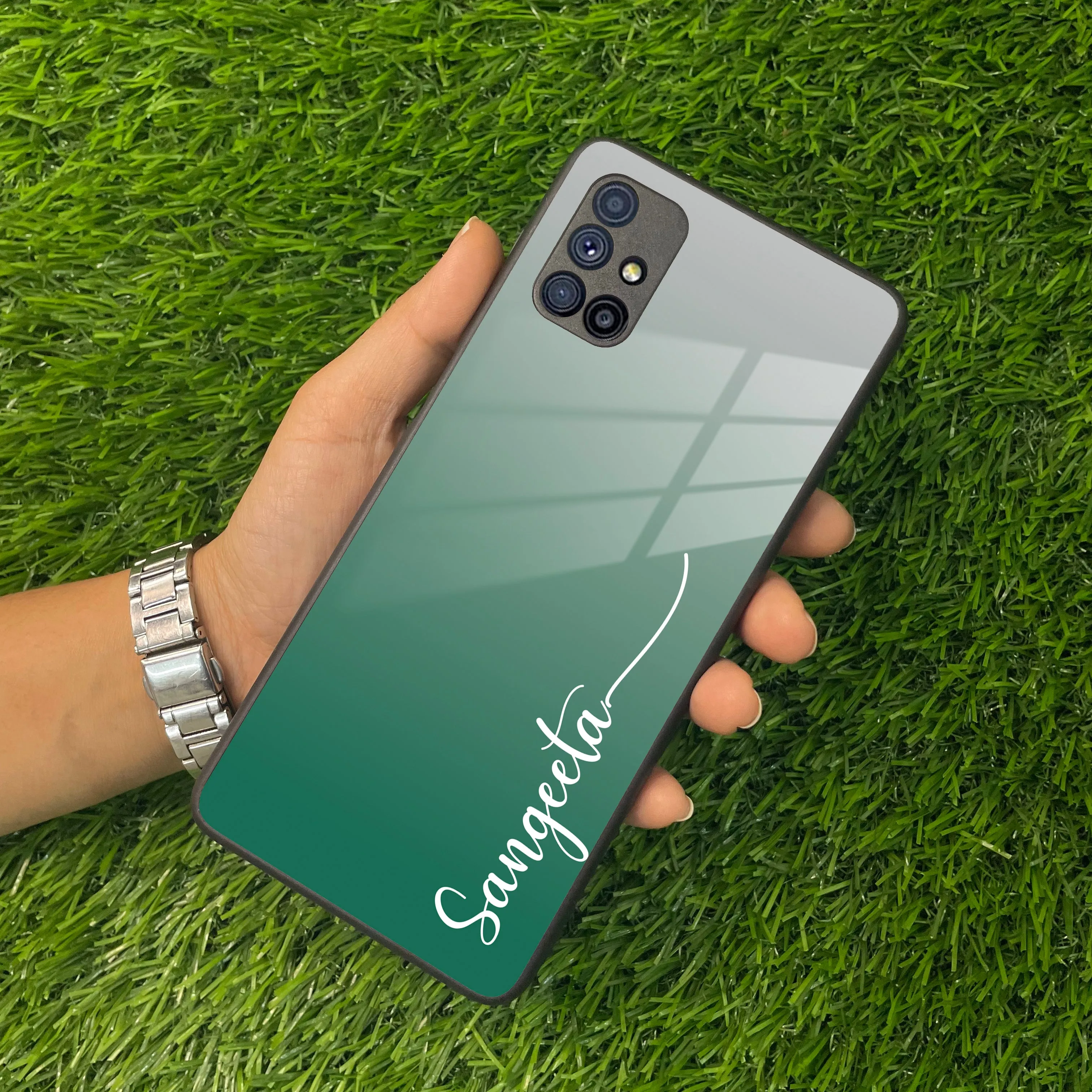 Customize Name Gradient Glass Case Cover Green For Samsung