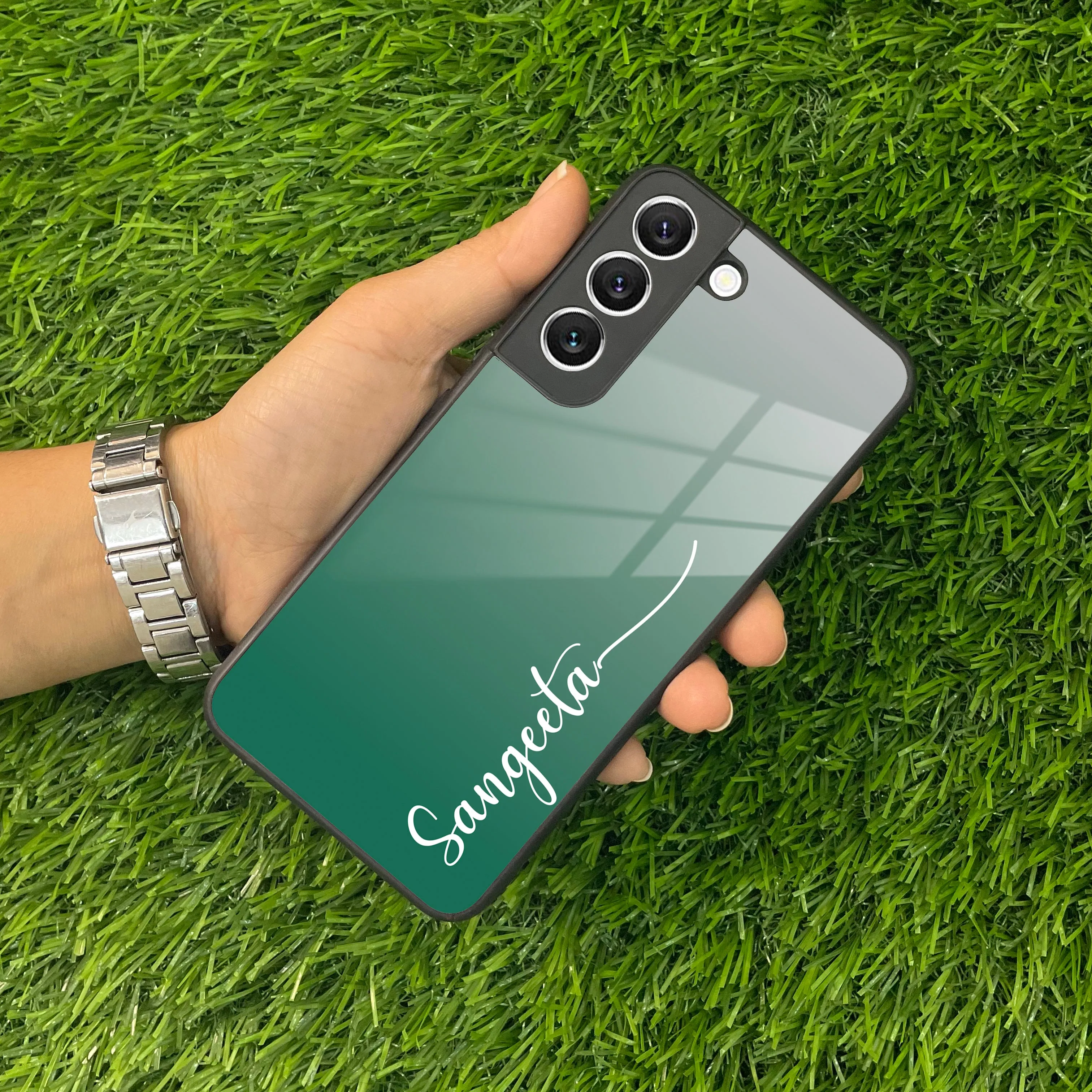 Customize Name Gradient Glass Case Cover Green For Samsung
