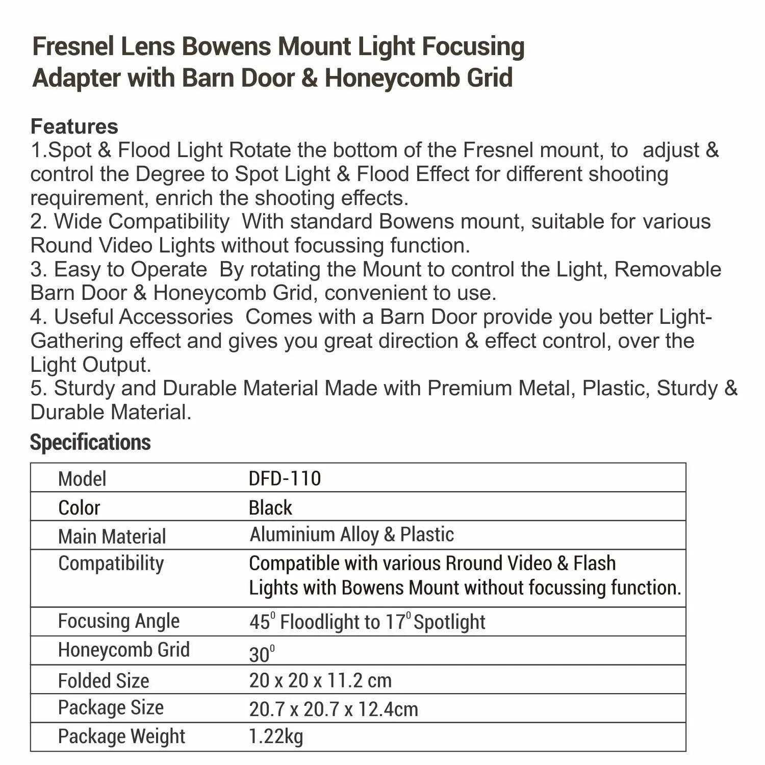 Digitek DFD-110 Fresnel Lens Bowens Mount Light Focusing Adapter with Barn Door & Honeycomb Grid