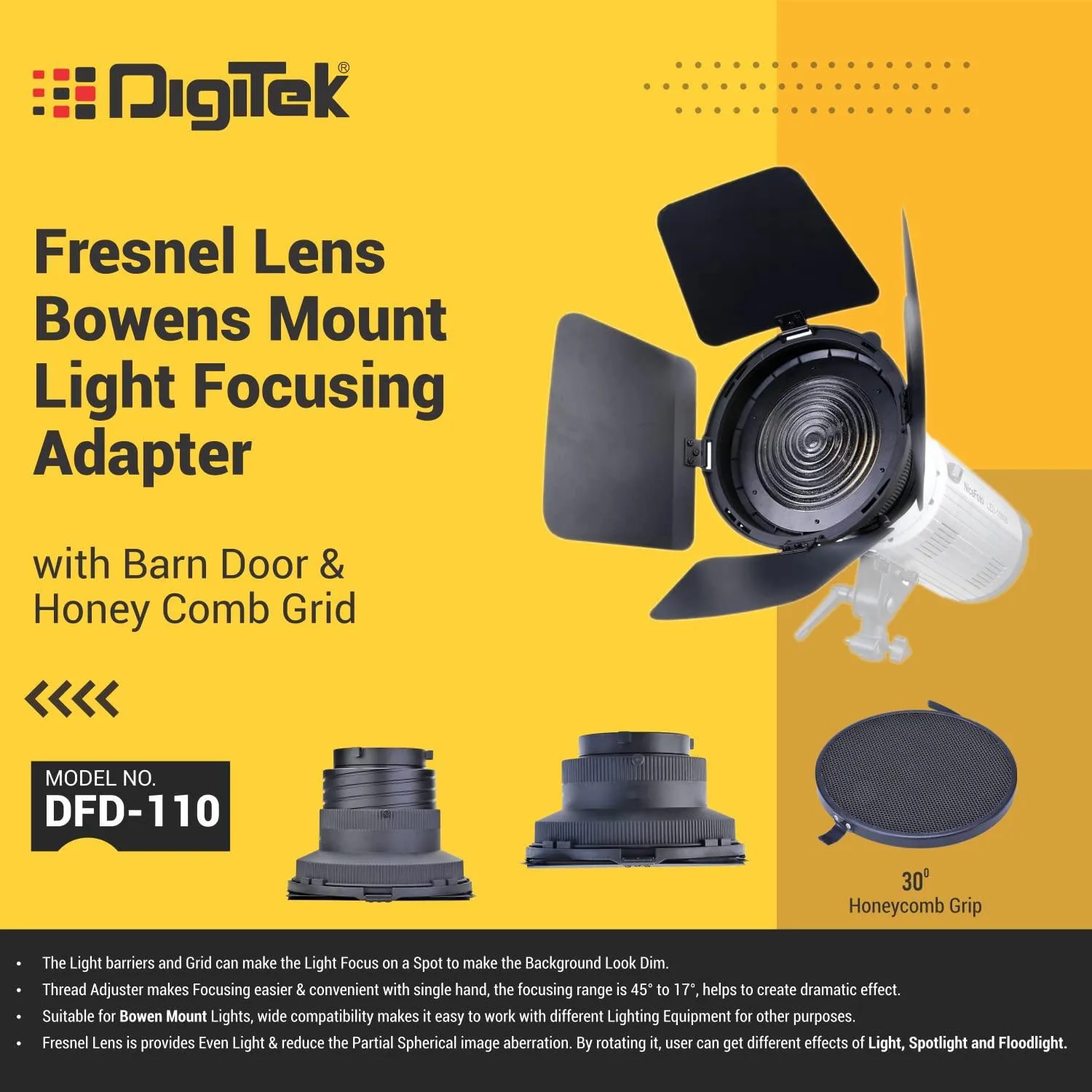 Digitek DFD-110 Fresnel Lens Bowens Mount Light Focusing Adapter with Barn Door & Honeycomb Grid