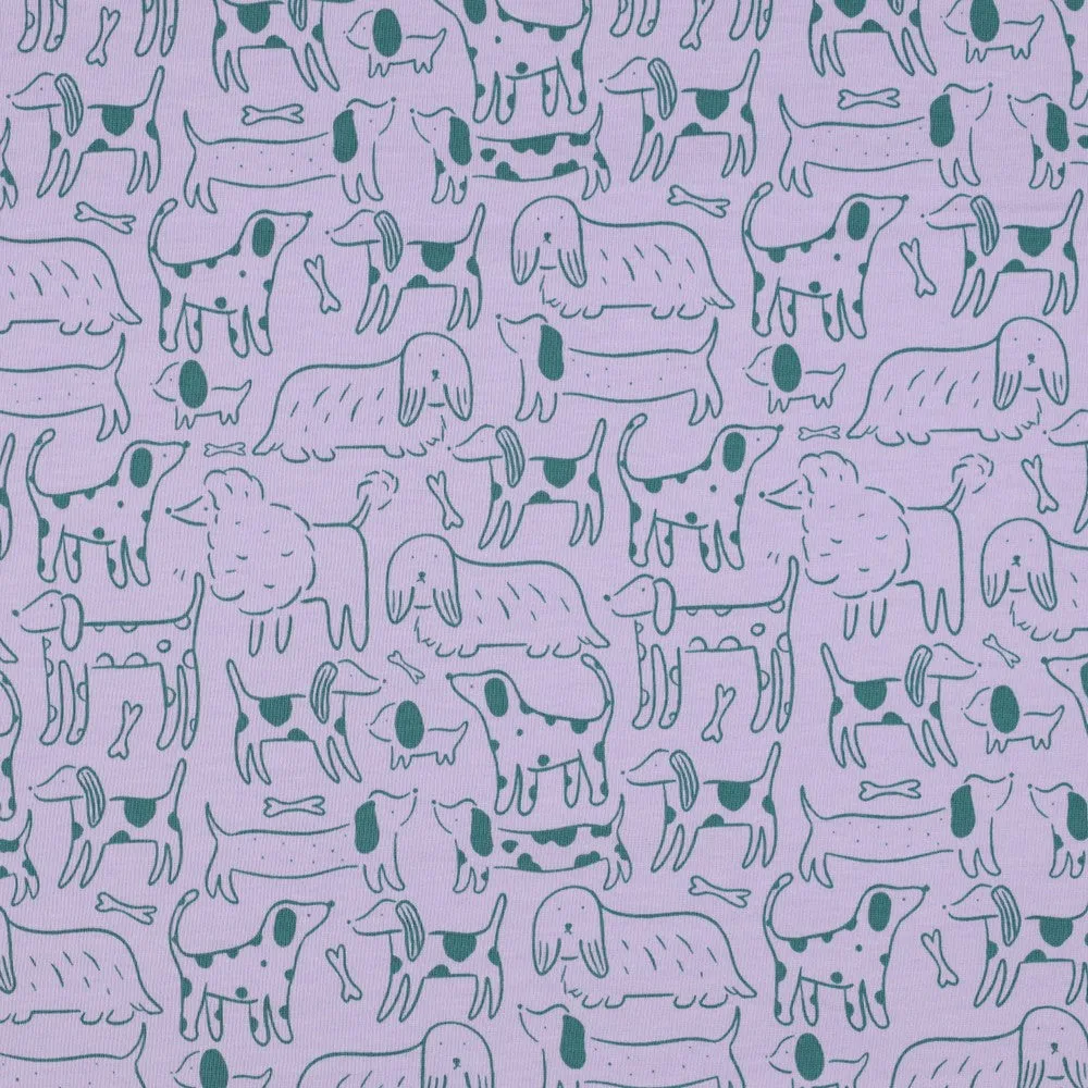 Dog Park on Lilac Cotton Jersey Fabric