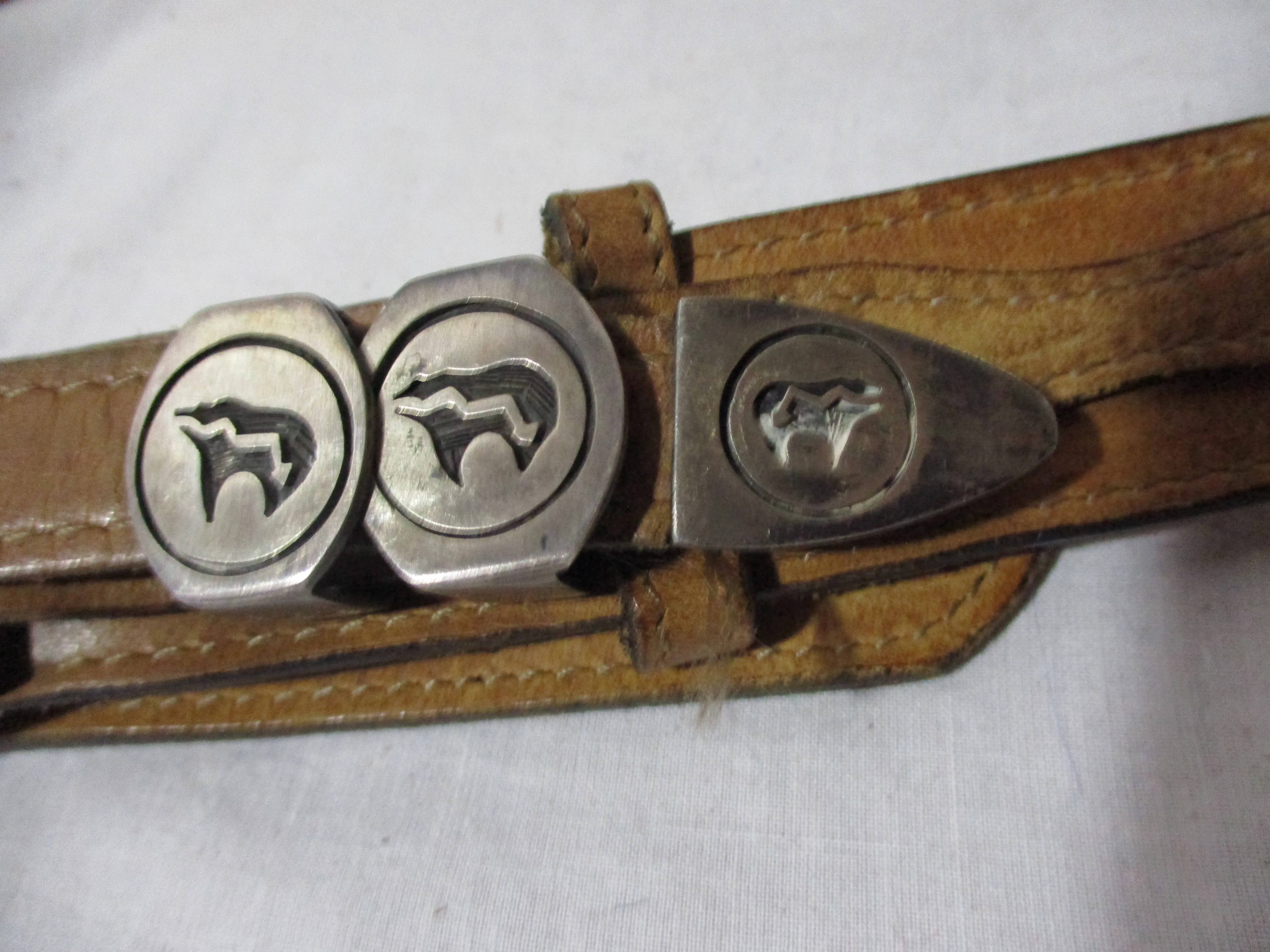 DOS AMIGOS STERLING SILVER FETISH BEAR Tanned Braided Leather Belt MEXICO 40/100