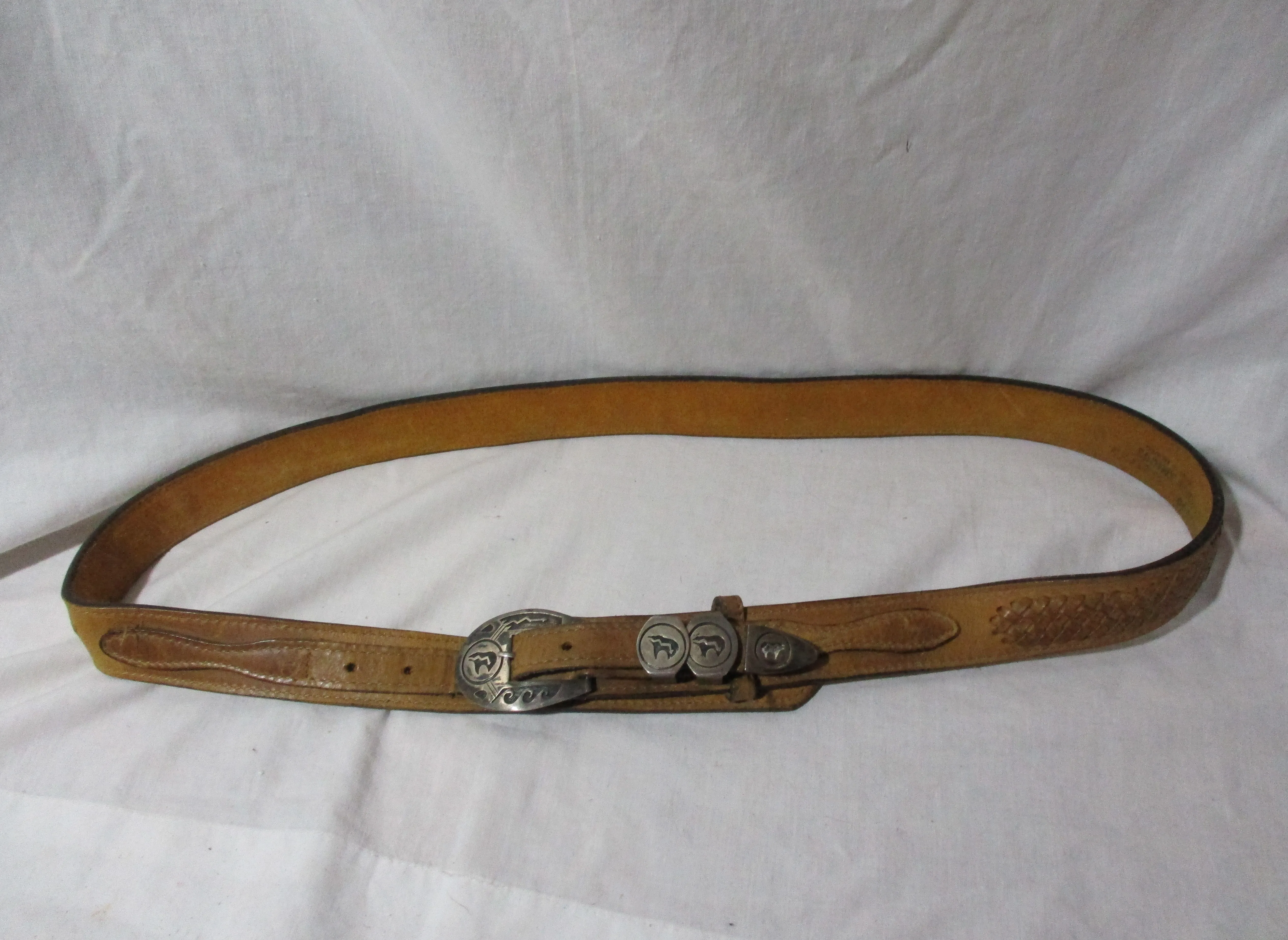 DOS AMIGOS STERLING SILVER FETISH BEAR Tanned Braided Leather Belt MEXICO 40/100
