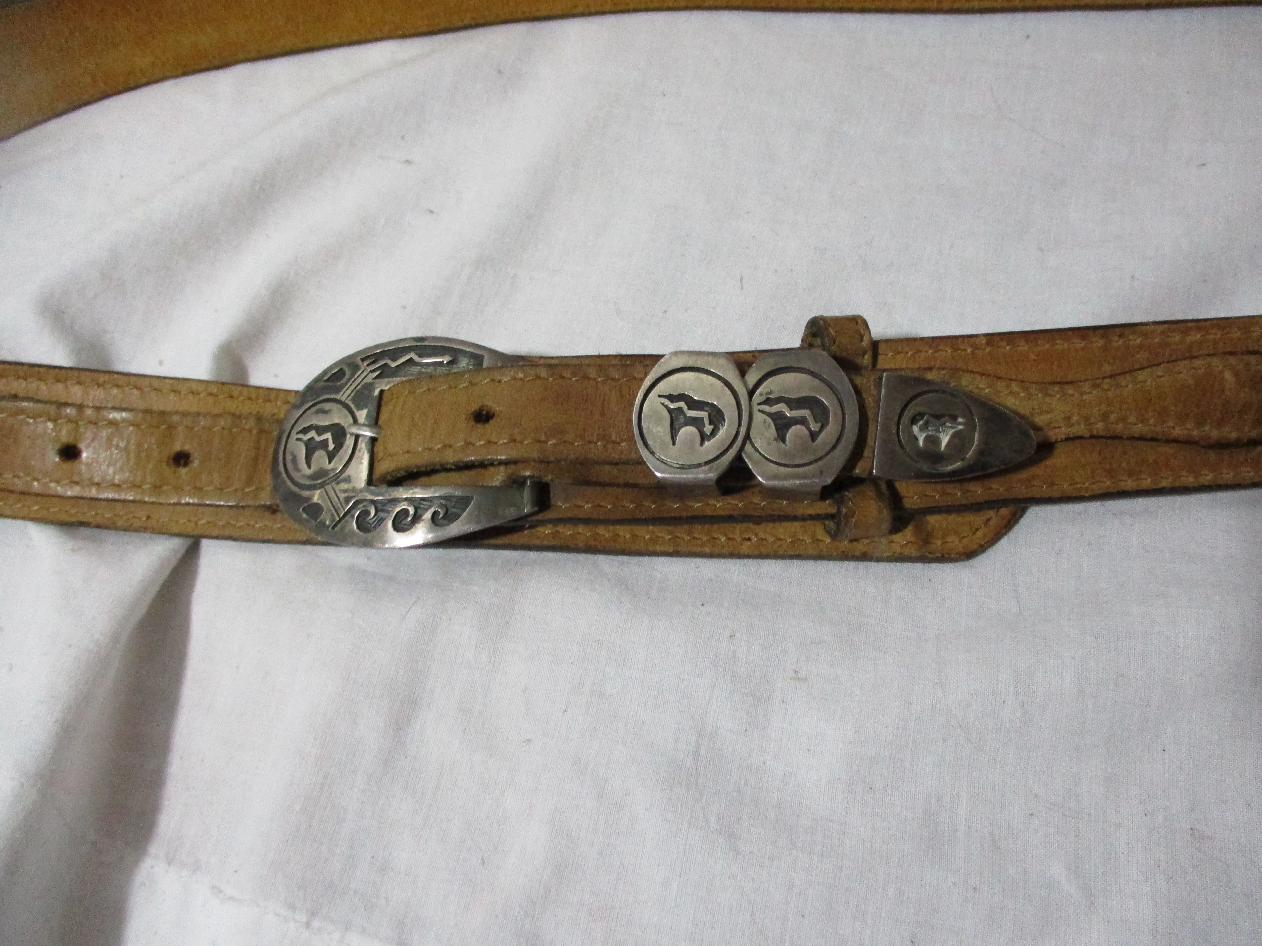 DOS AMIGOS STERLING SILVER FETISH BEAR Tanned Braided Leather Belt MEXICO 40/100