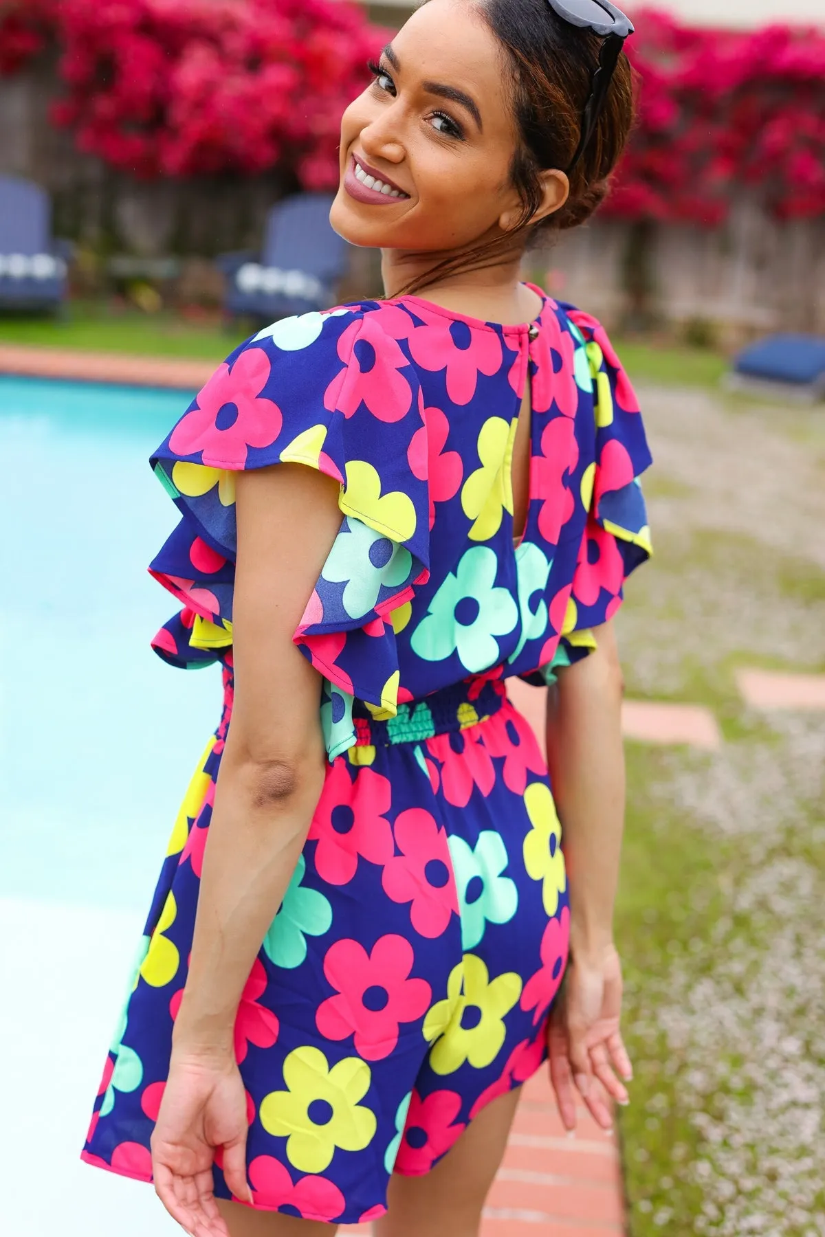 Feeling Bold Navy & Fuchsia Flat Floral Smocked Waist Flutter Sleeve Romper (Open Pack)