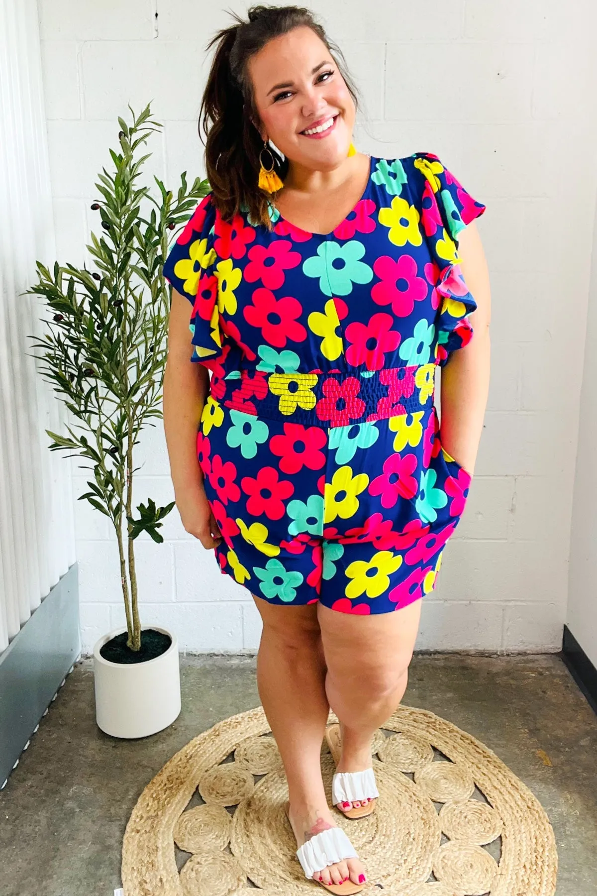 Feeling Bold Navy & Fuchsia Flat Floral Smocked Waist Flutter Sleeve Romper (Open Pack)