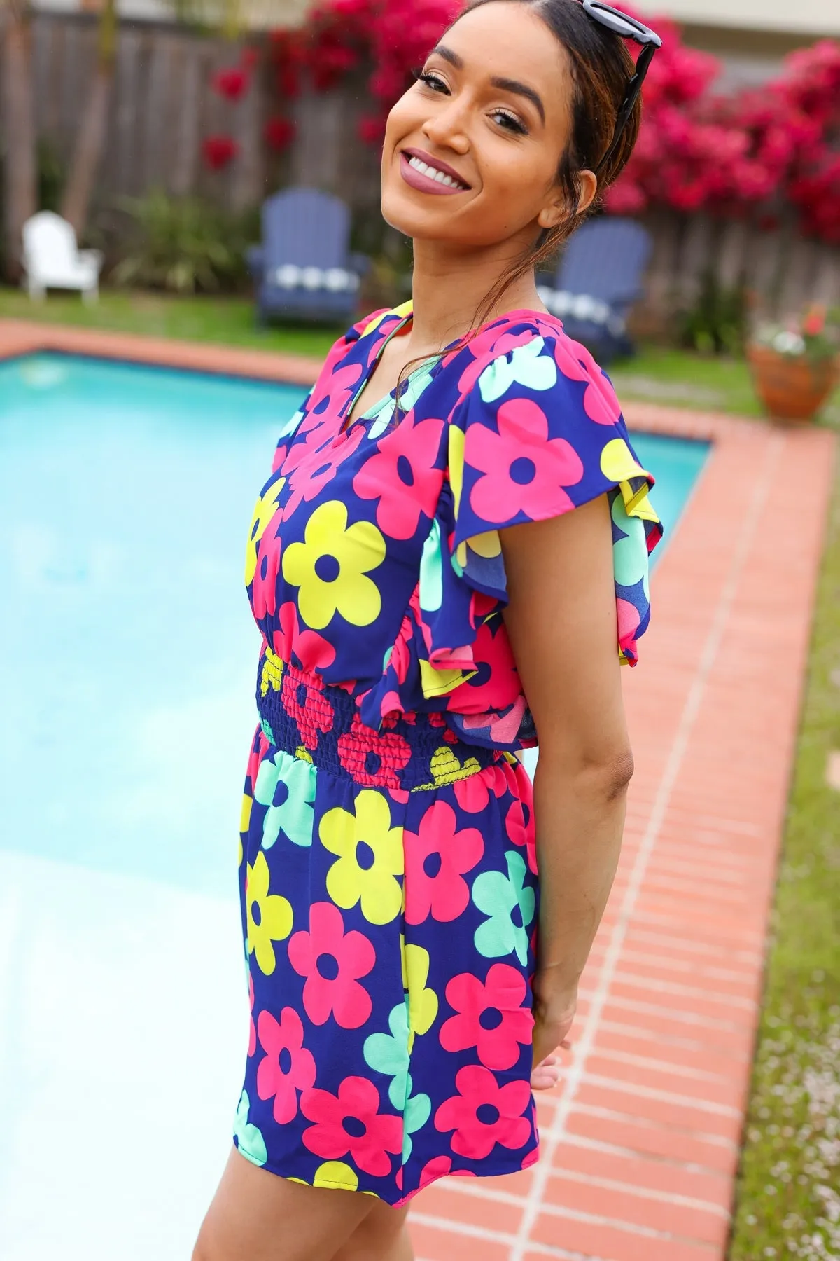 Feeling Bold Navy & Fuchsia Flat Floral Smocked Waist Flutter Sleeve Romper (Open Pack)