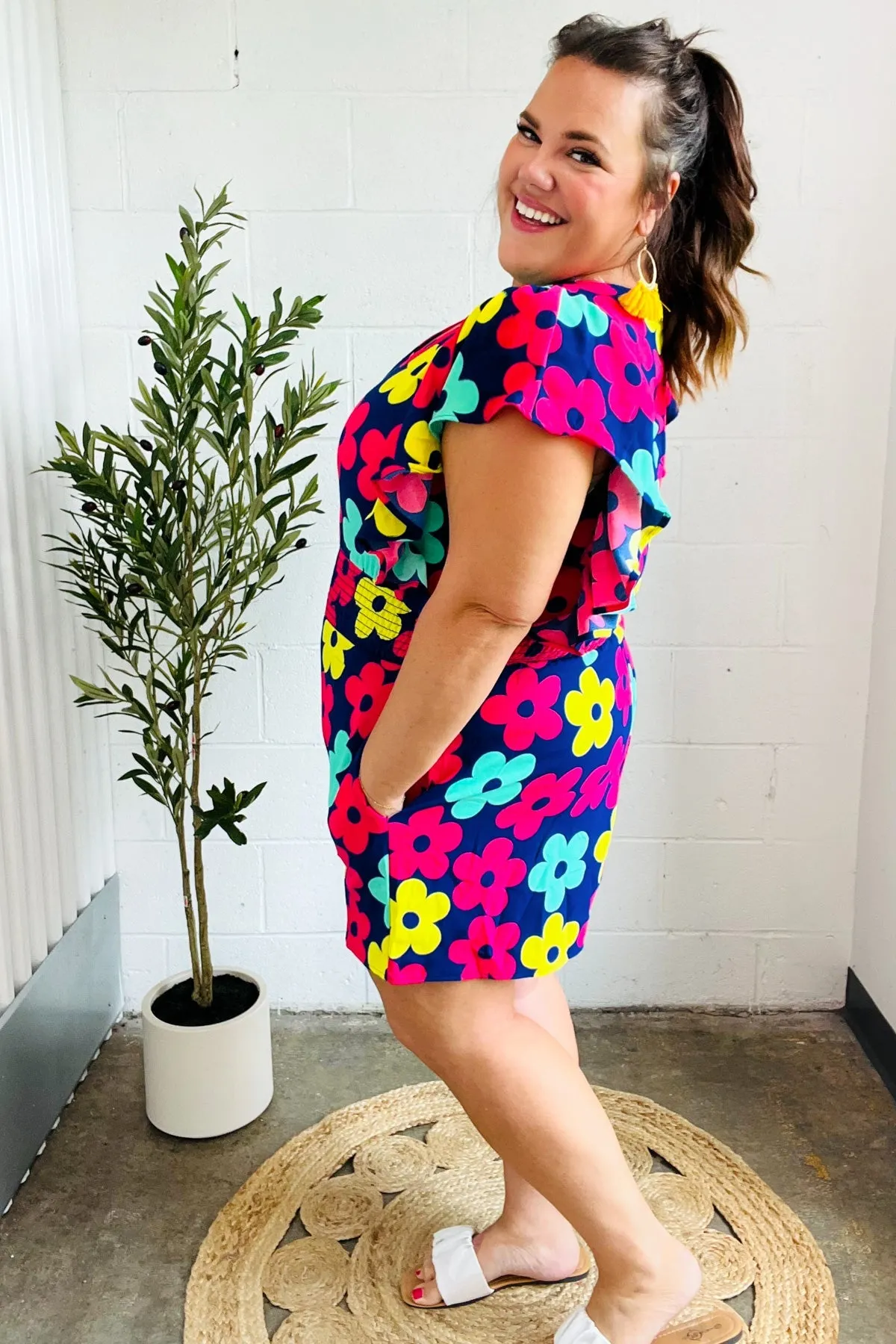 Feeling Bold Navy & Fuchsia Flat Floral Smocked Waist Flutter Sleeve Romper (Open Pack)