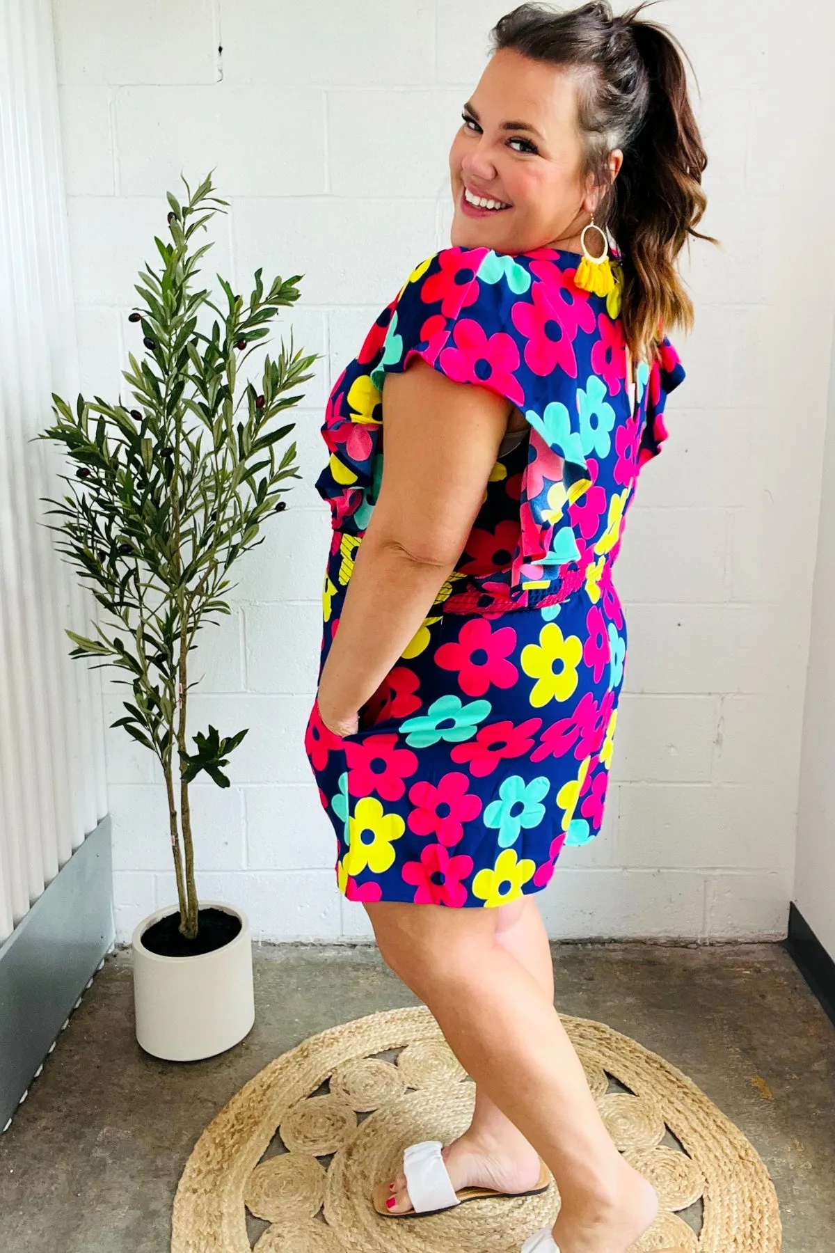 Feeling Bold Navy & Fuchsia Flat Floral Smocked Waist Flutter Sleeve Romper (Open Pack)