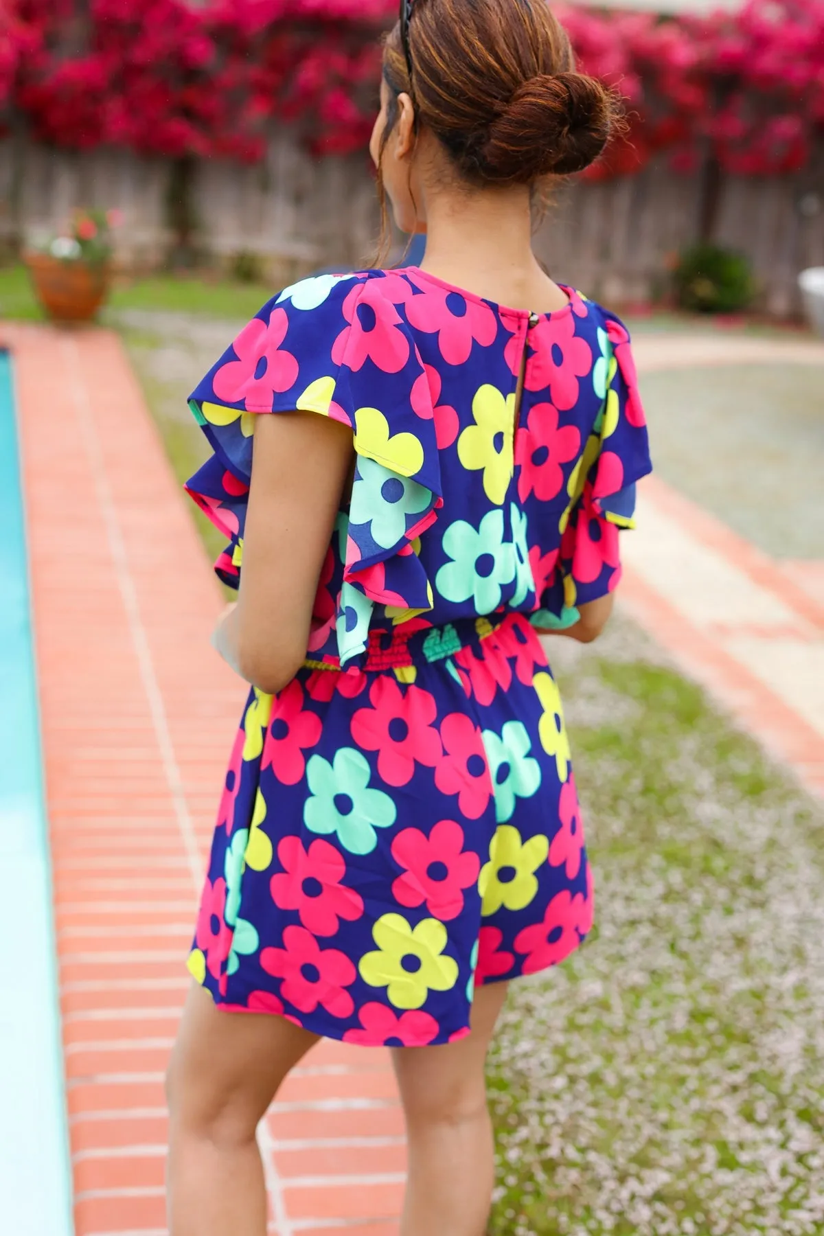 Feeling Bold Navy & Fuchsia Flat Floral Smocked Waist Flutter Sleeve Romper (Open Pack)