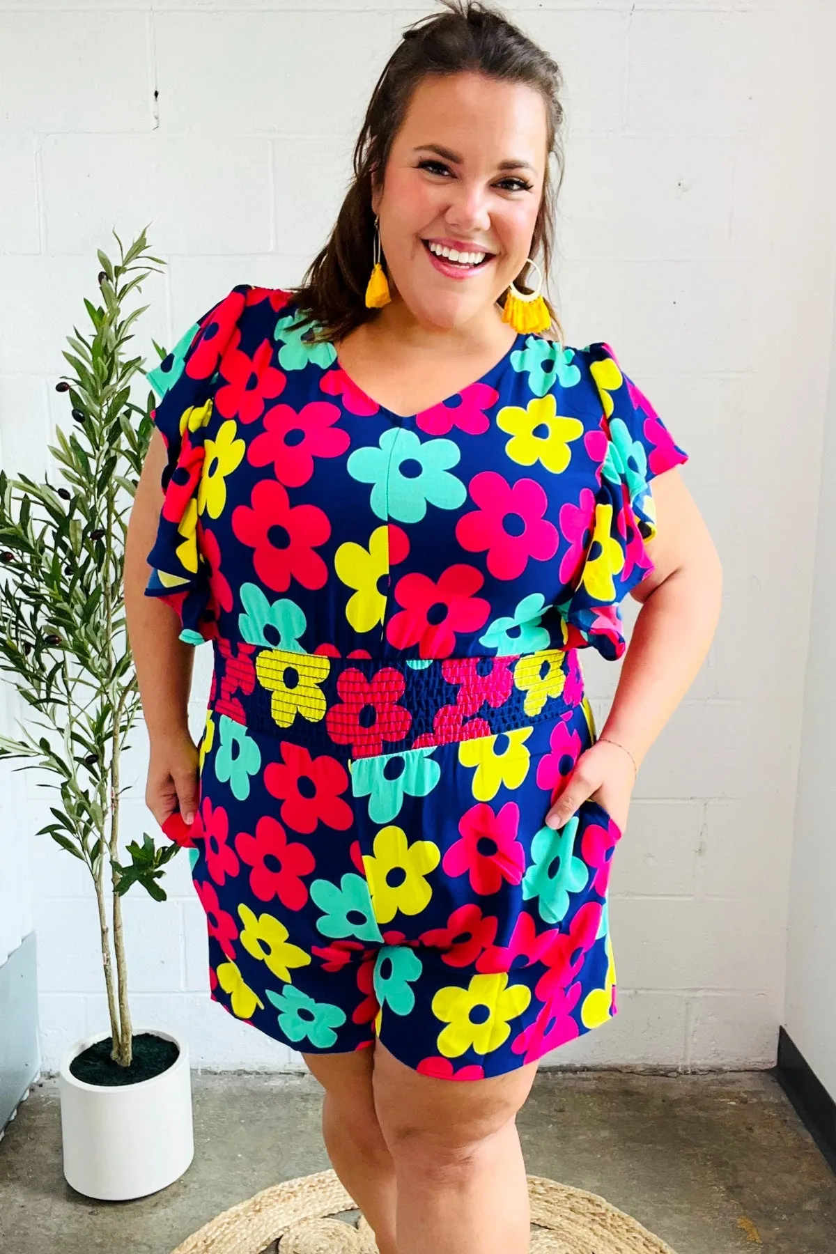 Feeling Bold Navy & Fuchsia Flat Floral Smocked Waist Flutter Sleeve Romper (Open Pack)