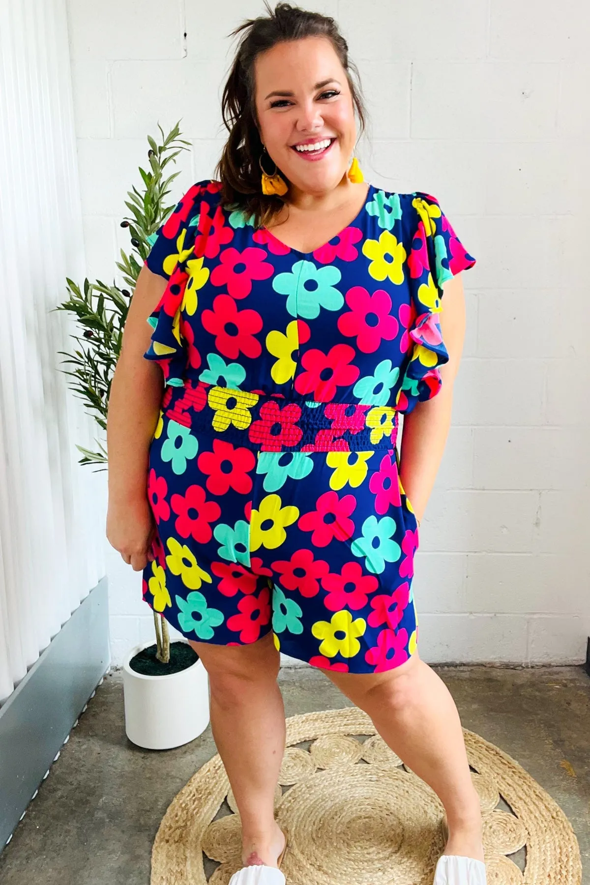 Feeling Bold Navy & Fuchsia Flat Floral Smocked Waist Flutter Sleeve Romper (Open Pack)
