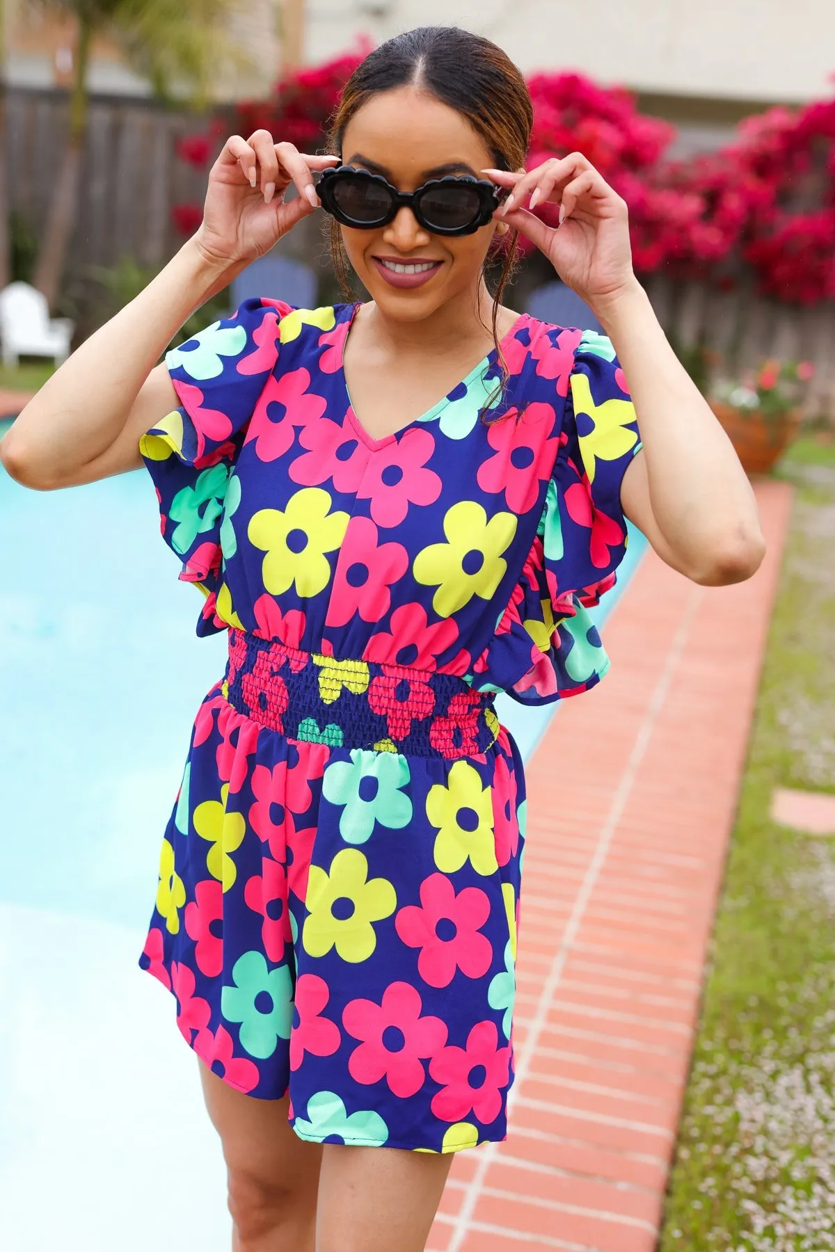 Feeling Bold Navy & Fuchsia Flat Floral Smocked Waist Flutter Sleeve Romper (Open Pack)