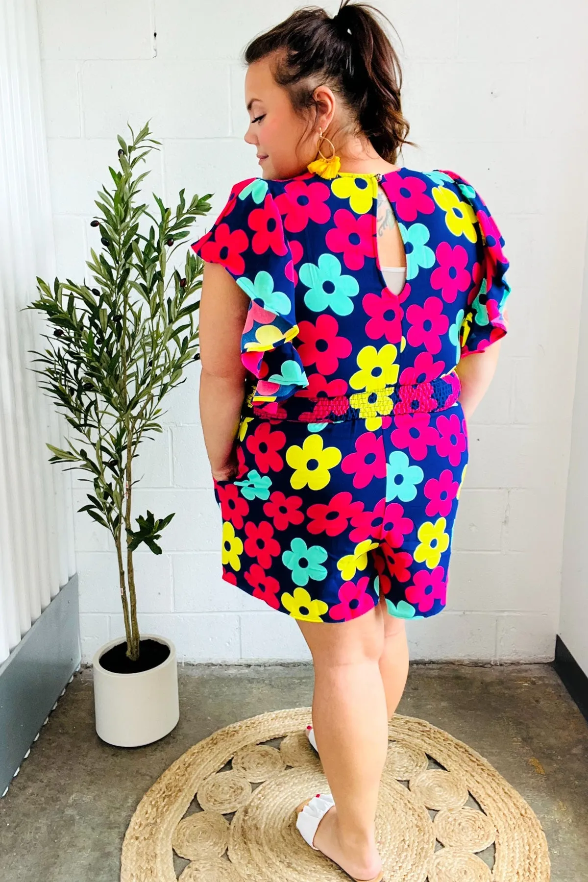 Feeling Bold Navy & Fuchsia Flat Floral Smocked Waist Flutter Sleeve Romper (Open Pack)