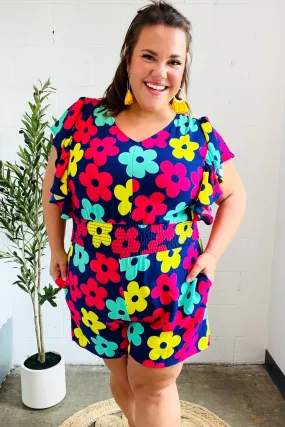 Feeling Bold Navy & Fuchsia Flat Floral Smocked Waist Flutter Sleeve Romper (Open Pack)