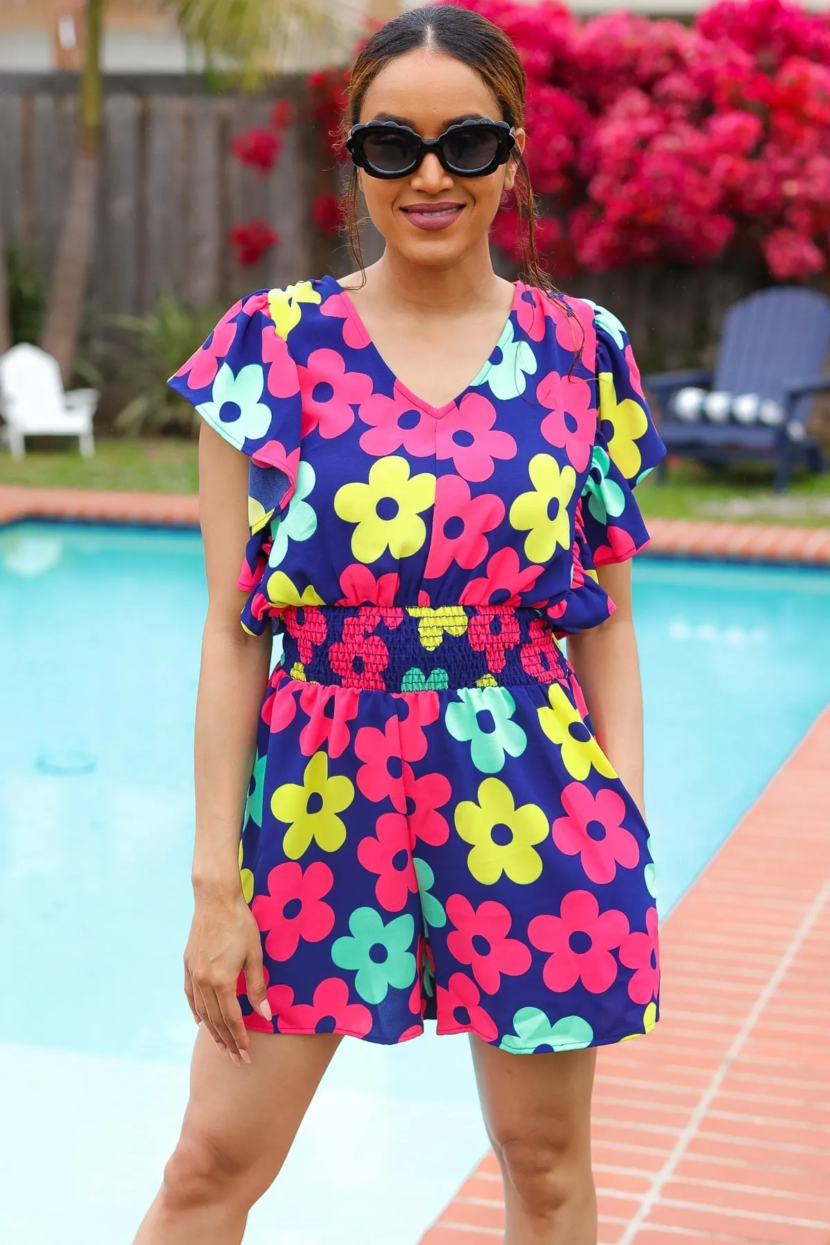 Feeling Bold Navy & Fuchsia Flat Floral Smocked Waist Flutter Sleeve Romper (Open Pack)