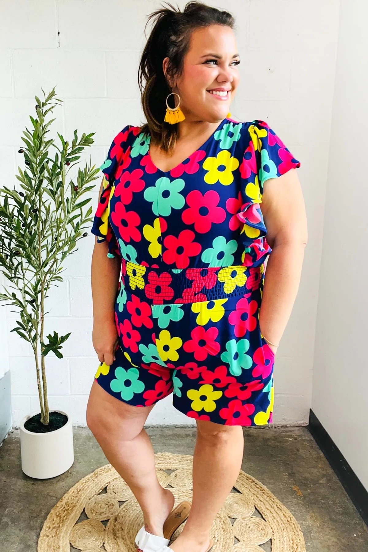 Feeling Bold Navy & Fuchsia Flat Floral Smocked Waist Flutter Sleeve Romper (Open Pack)